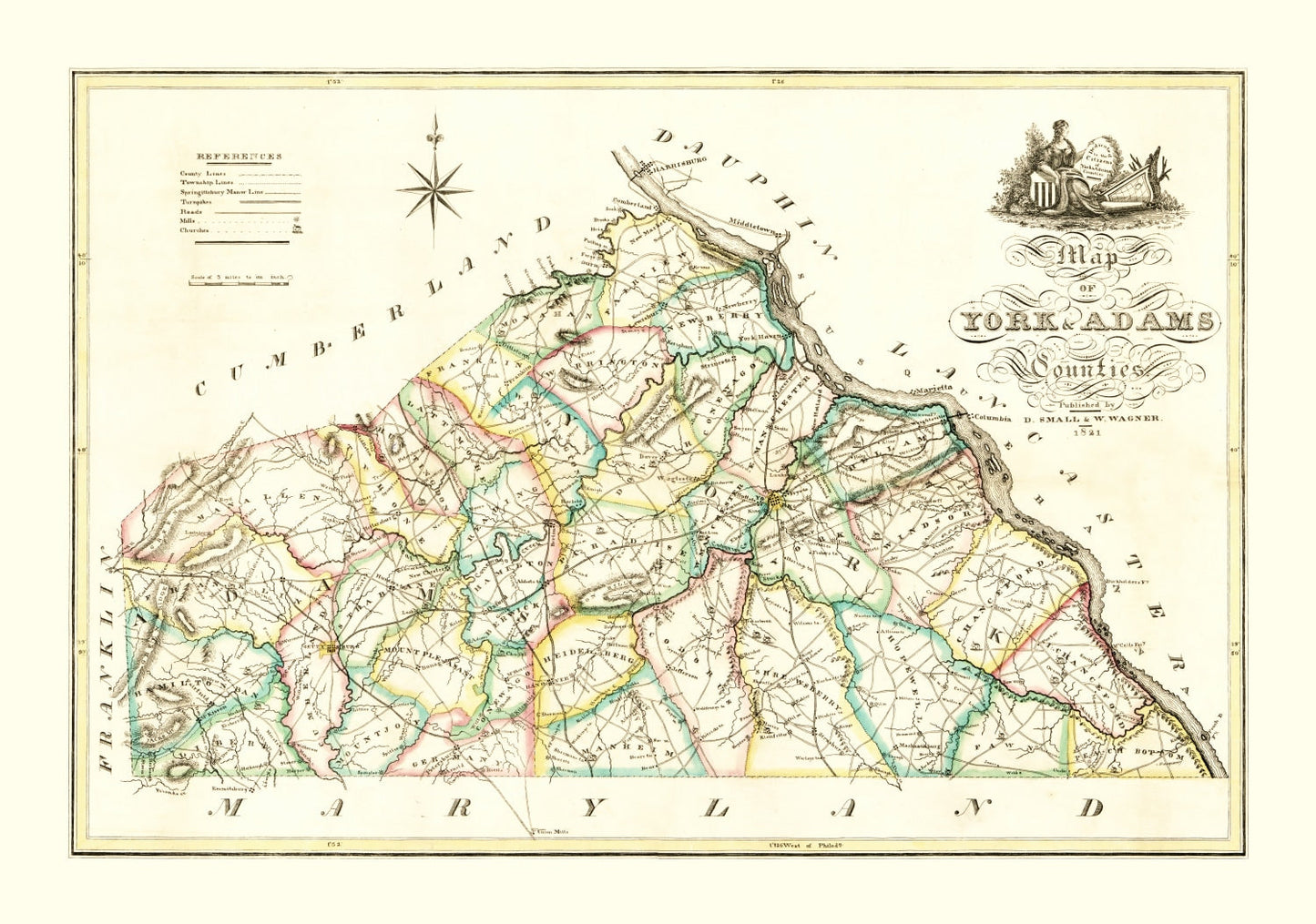 Vintage Map of York County, Pennsylvania 1821