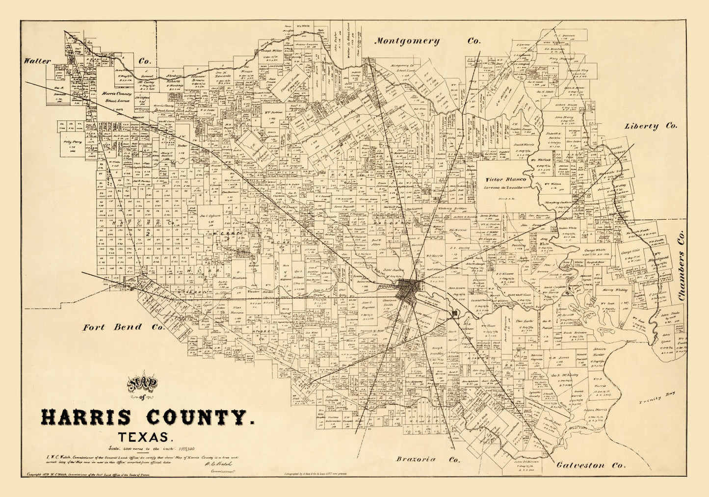 Vintage Map of Harris County, Texas 1879