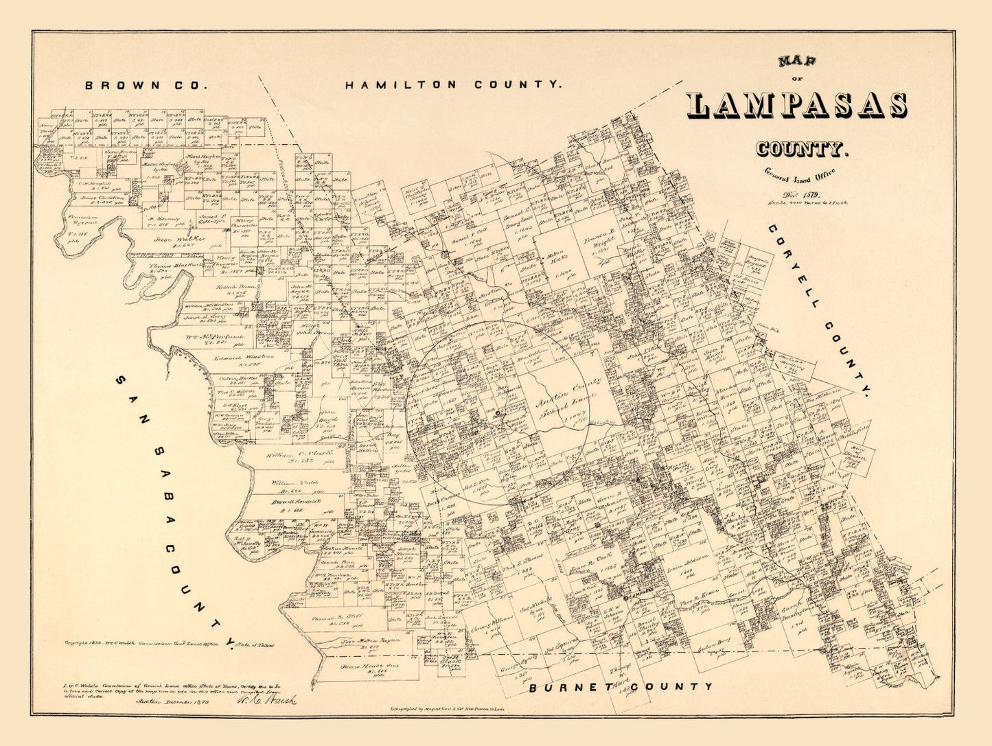 Vintage Map of Lampasas County, Texas 1879
