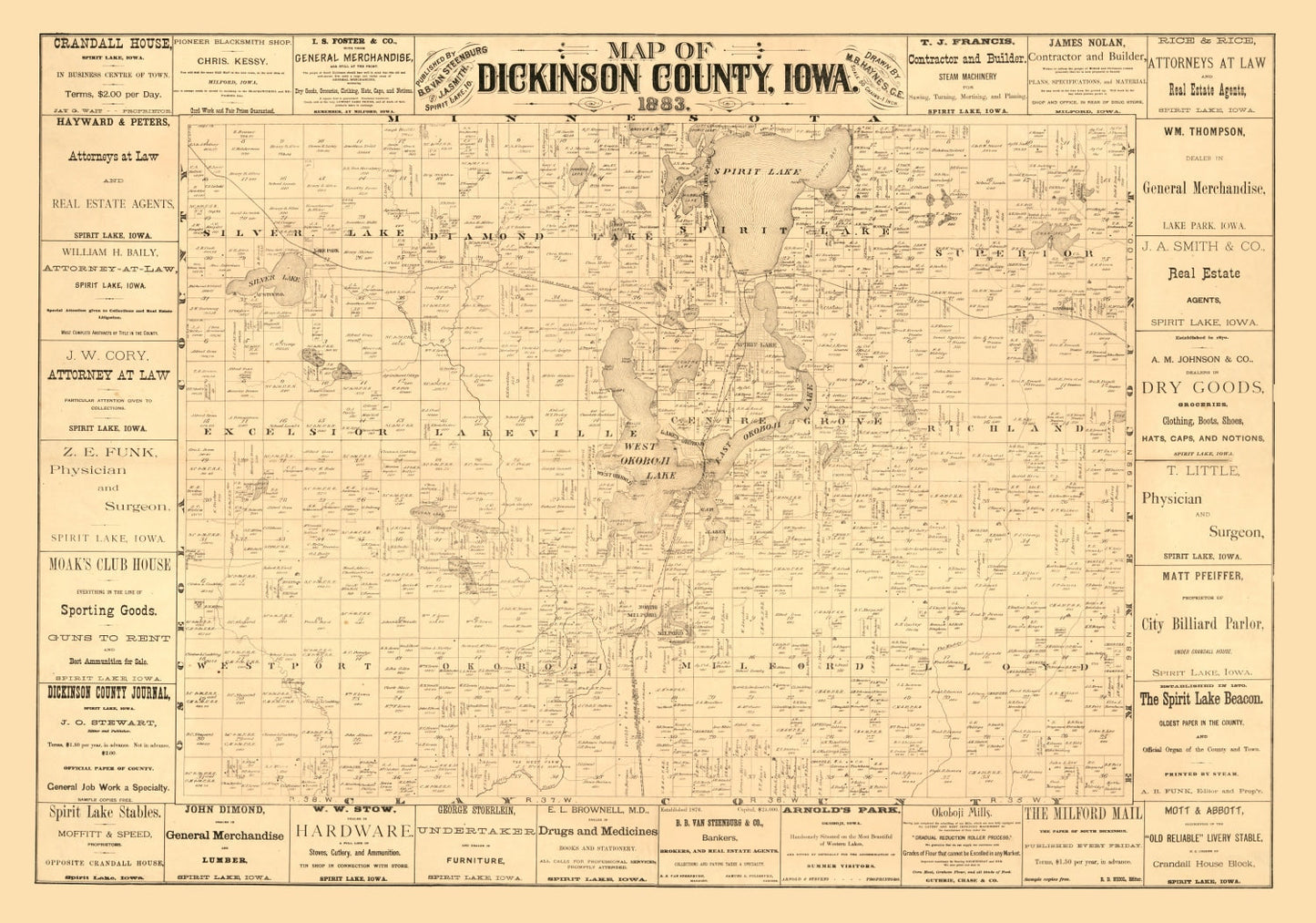 Vintage Map of Dickinson County, Iowa 1883