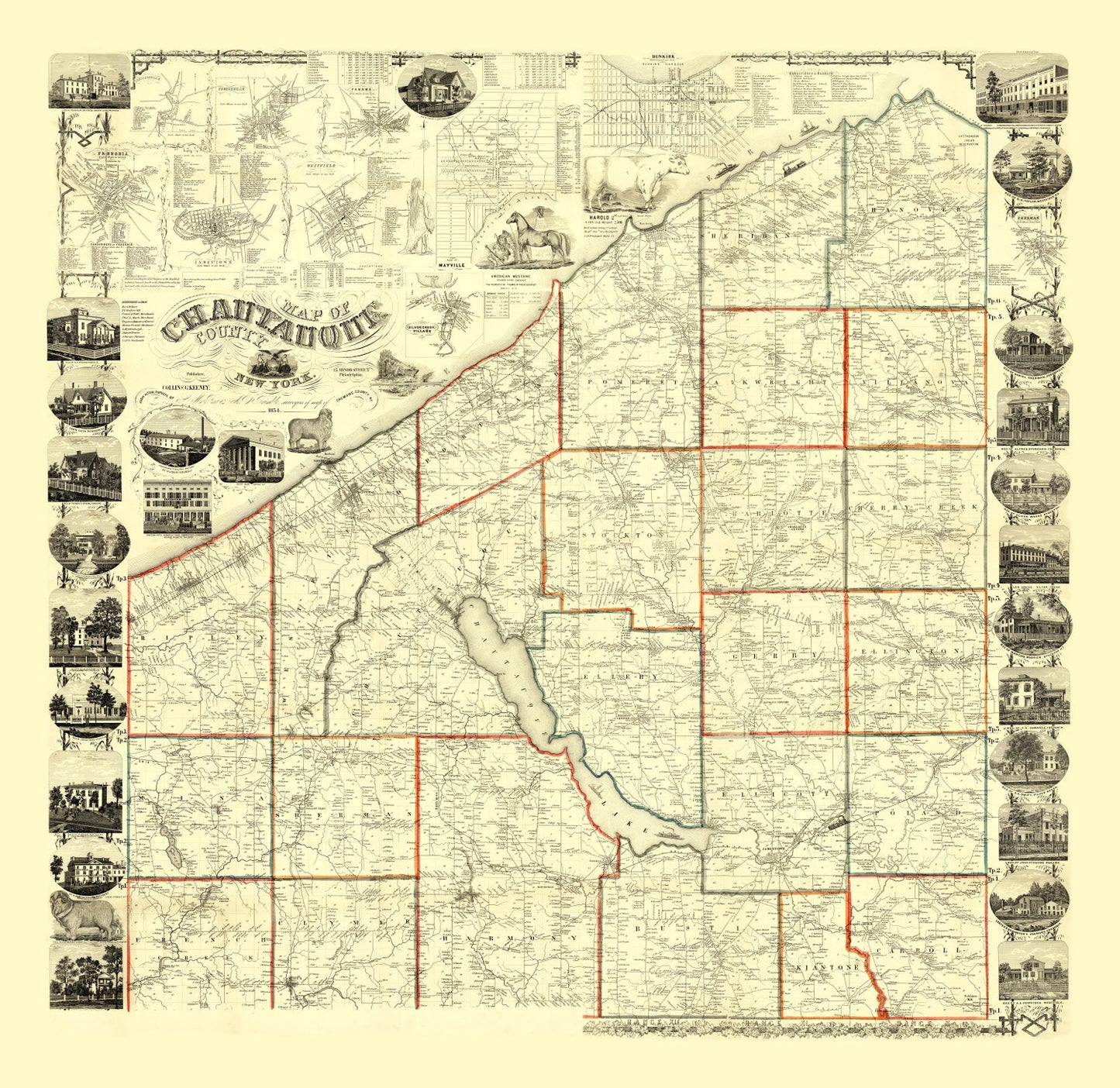 Vintage Map of Chautauque County, New York 1854