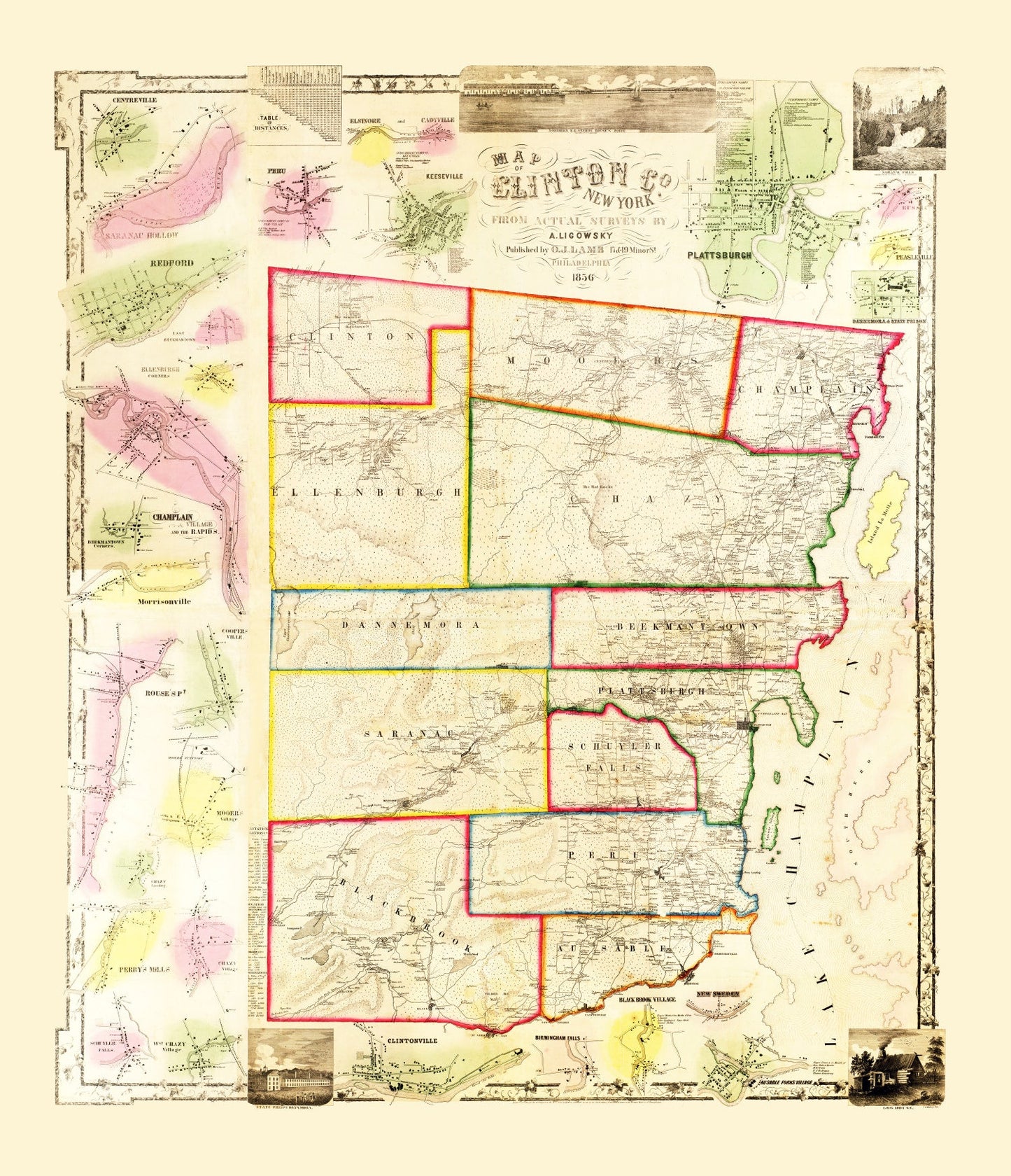 Vintage Map of Clinton County, New York 1856