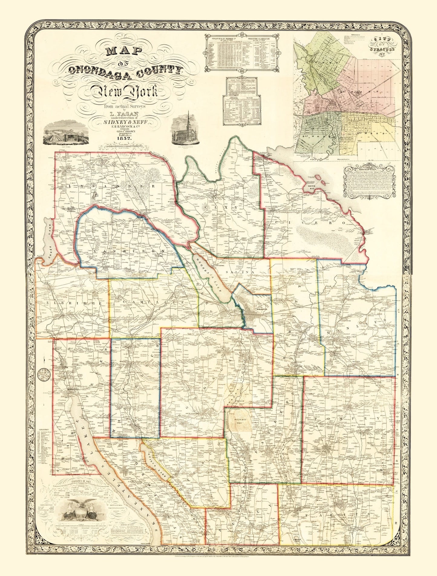Vintage Map of Onondaga County, New York 1852