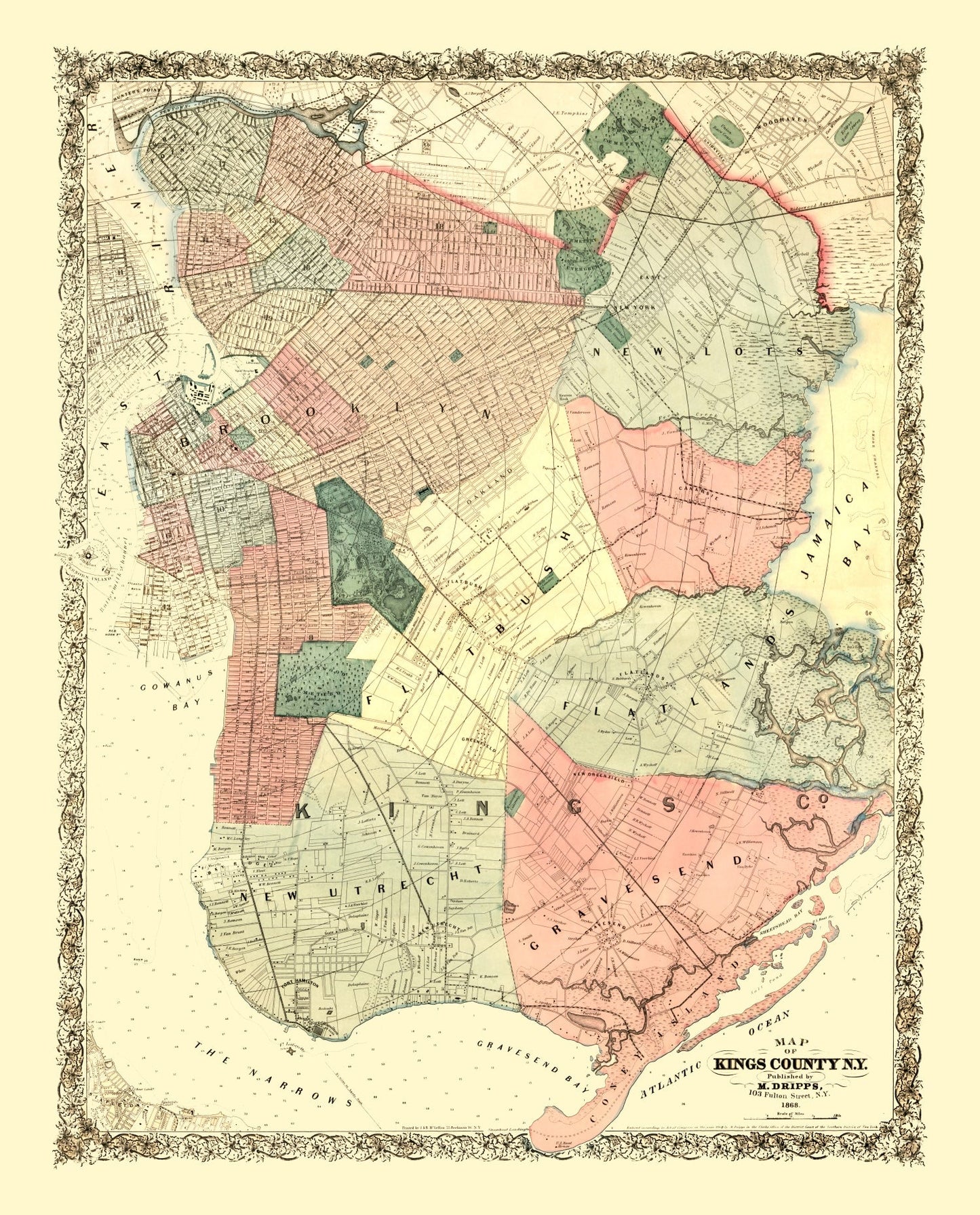 Vintage Map of Kings County, New York 1868