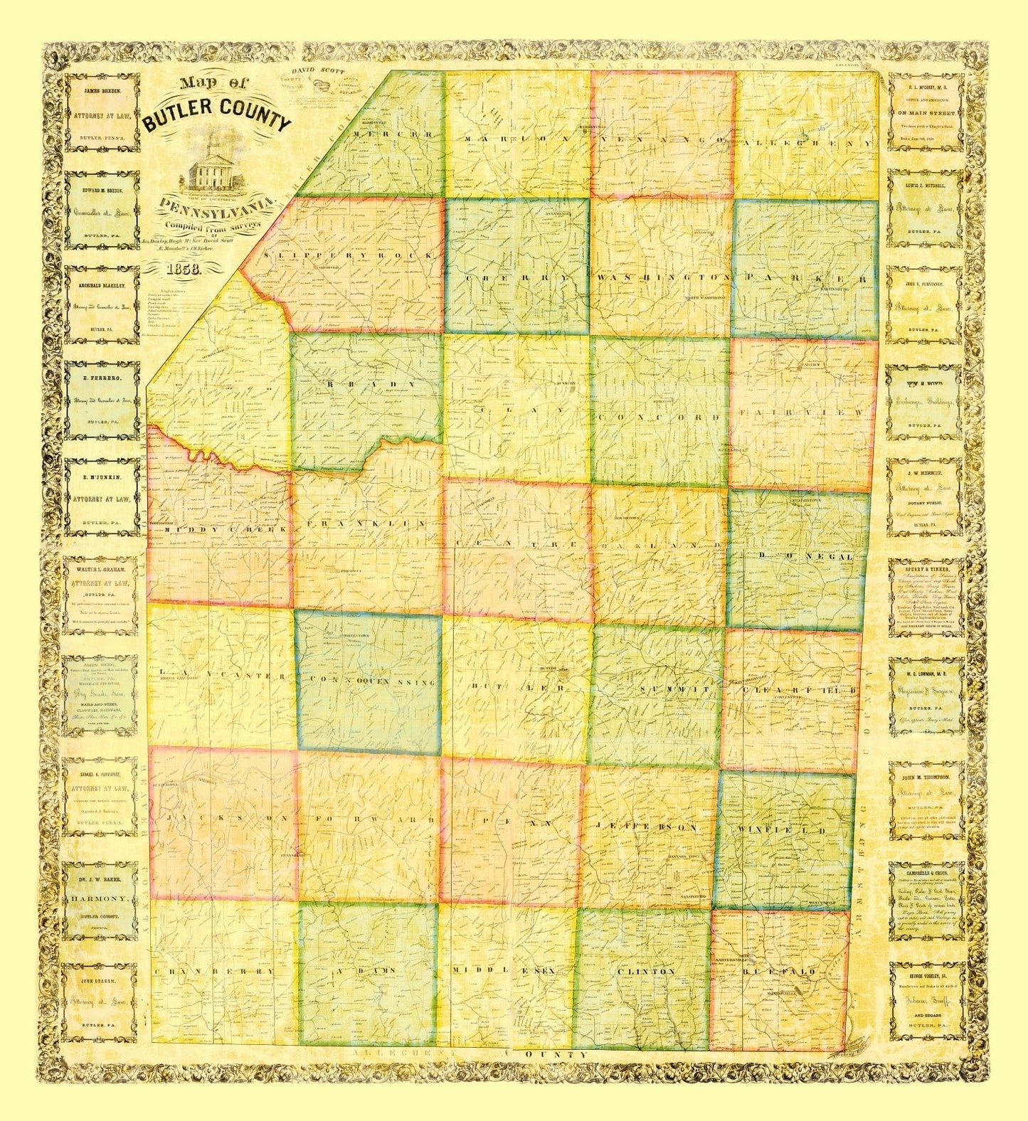 Vintage Map of Butler County, Pennsylvania 1858