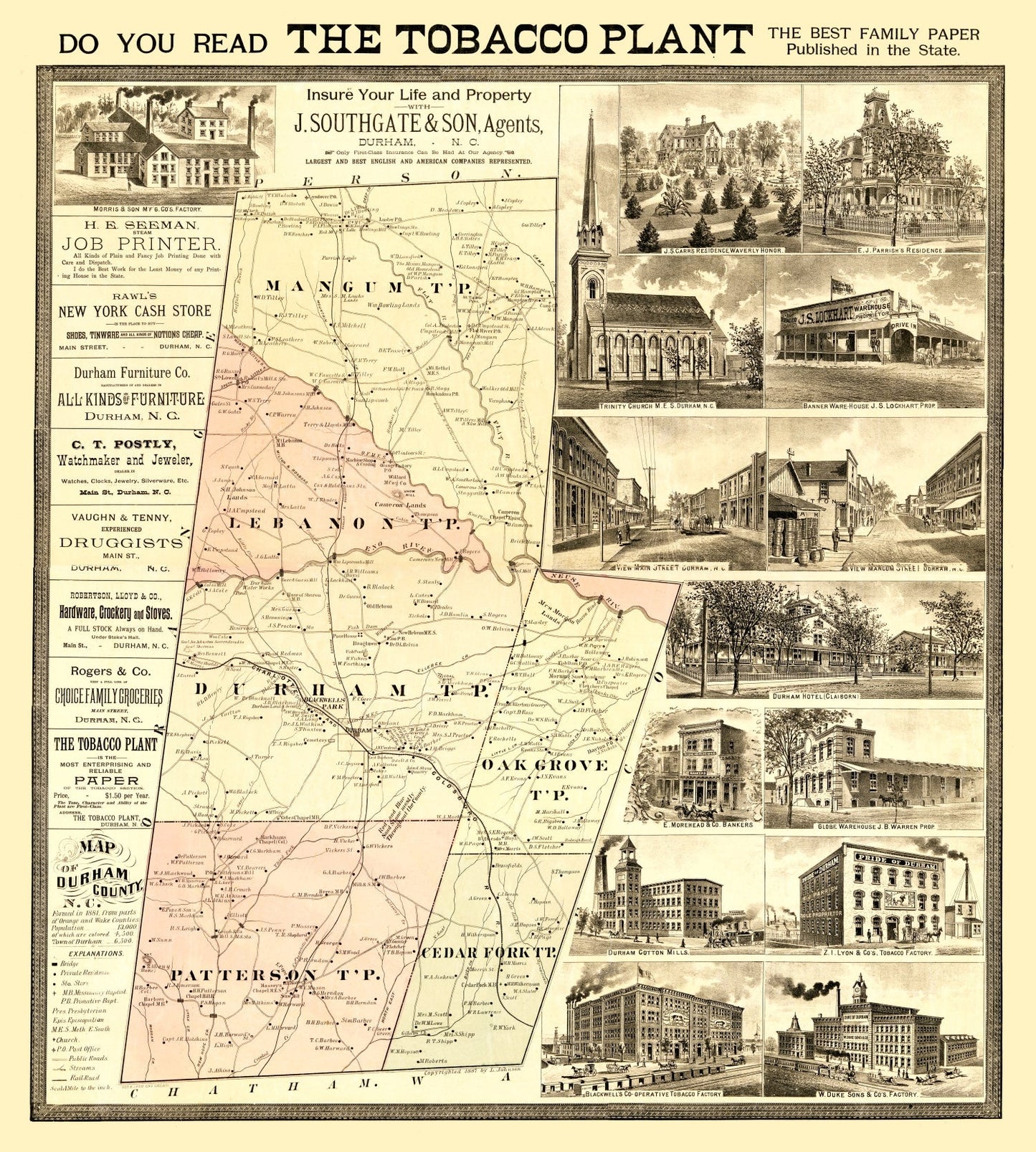 Vintage Map of Durham County, North Carolina 1887
