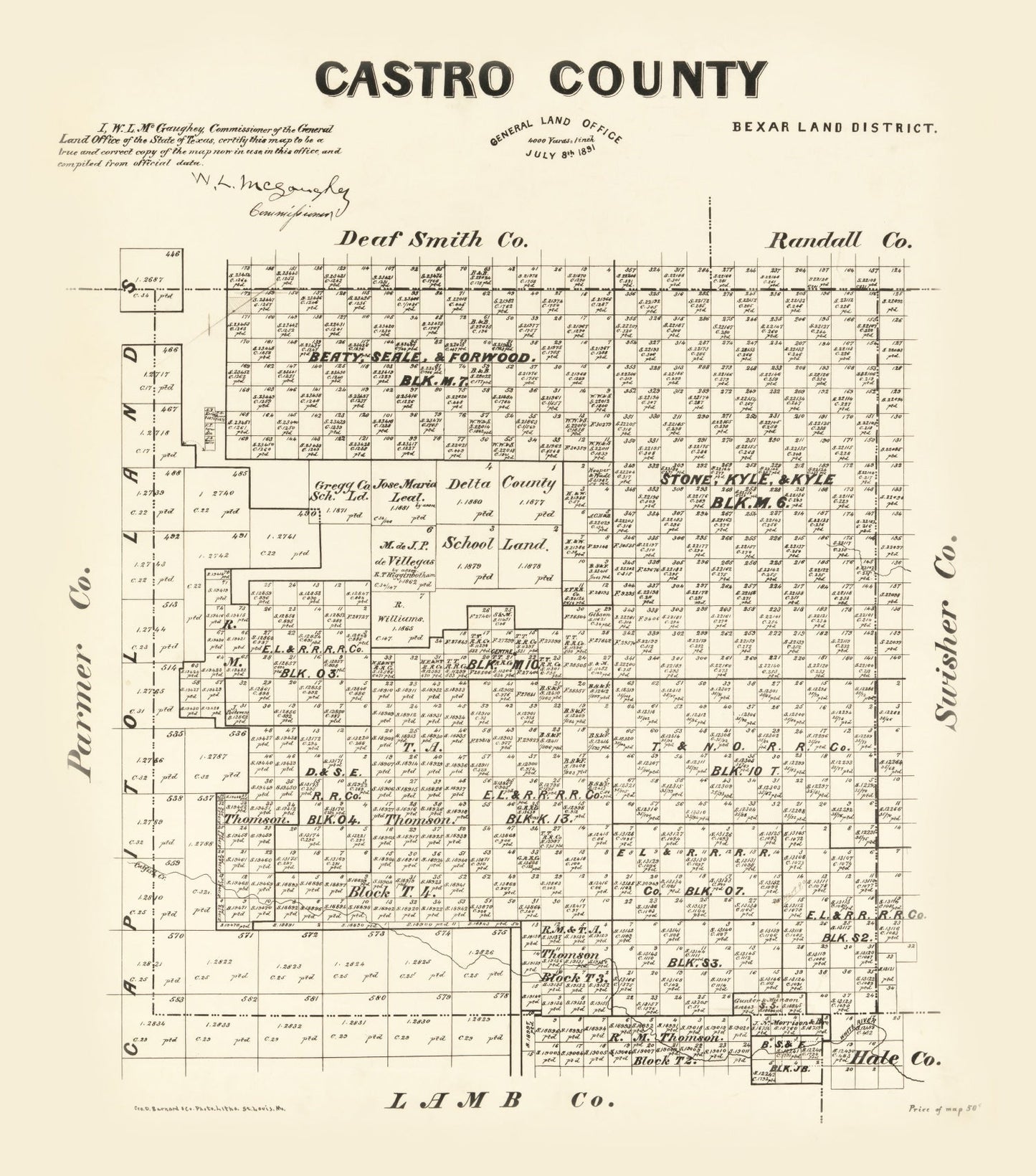 Vintage Map of Castro County, Texas 1891