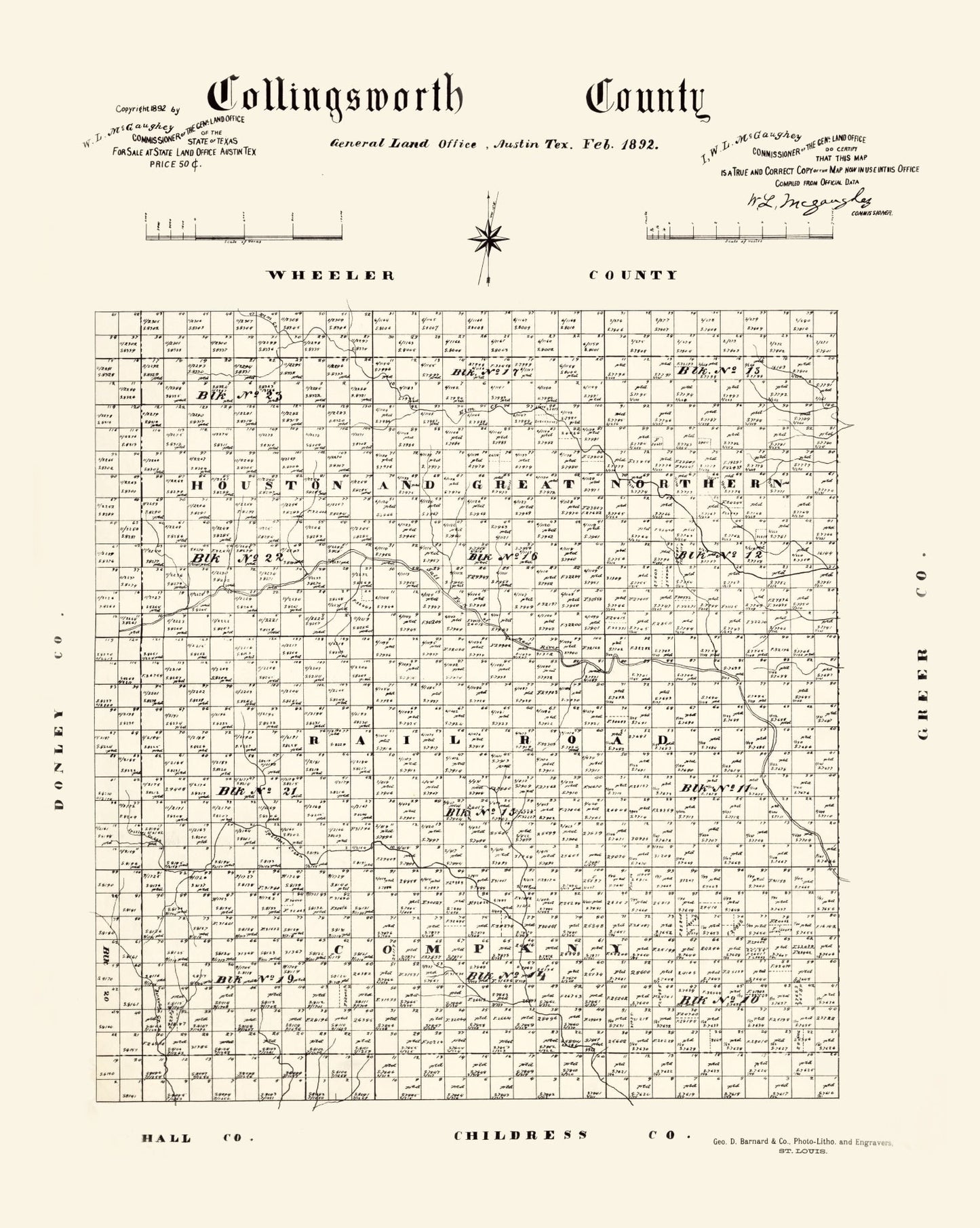 Vintage Map of Collingsworth County, Texas 1892