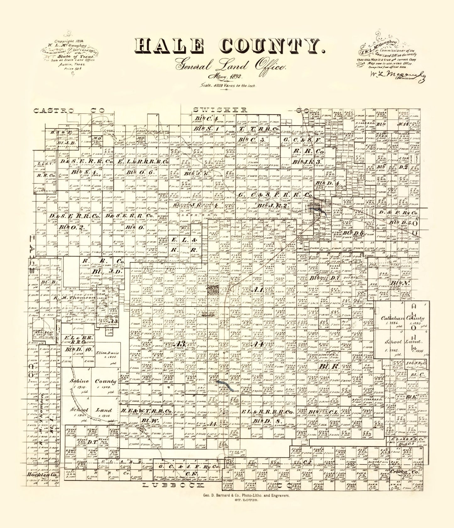 Vintage Map of Hale County, Texas 1892