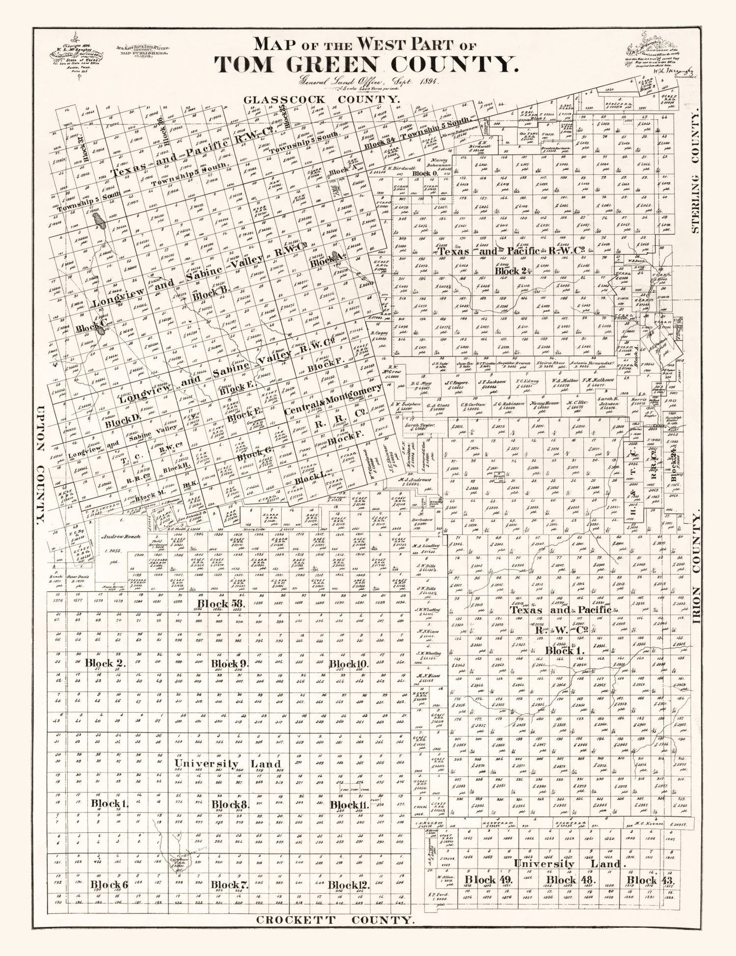 Vintage Map of Tom Green County, Texas 1894