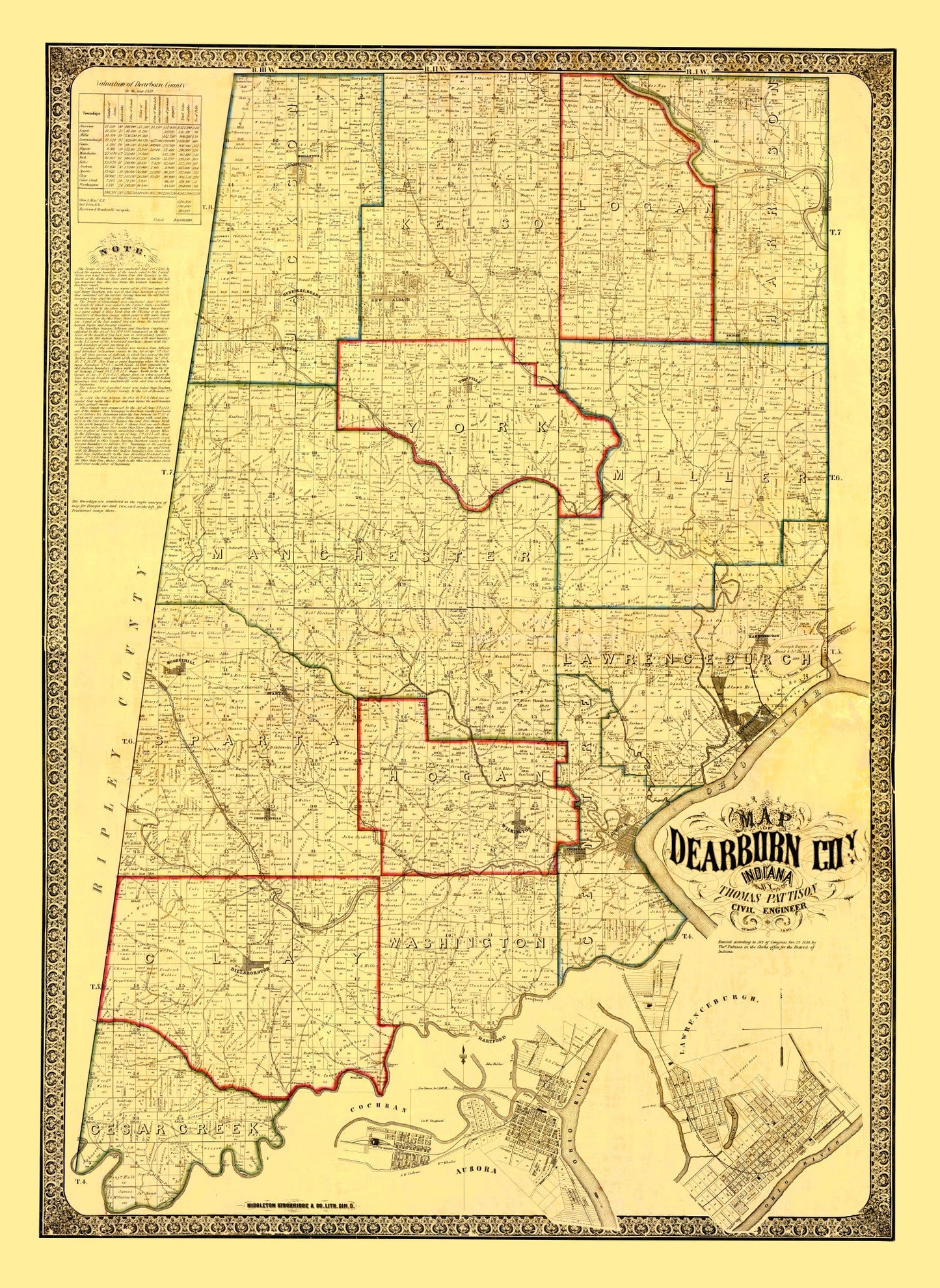Vintage Map of Dearborn County, Indiana 1860