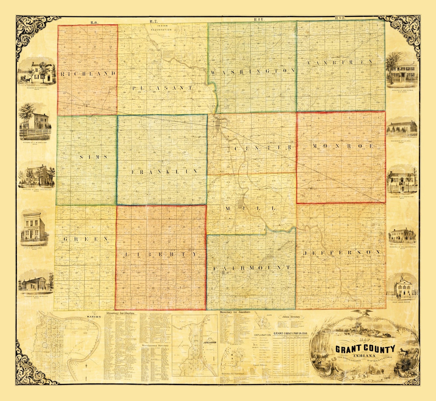 Vintage Map of Grant County, Indiana 1869