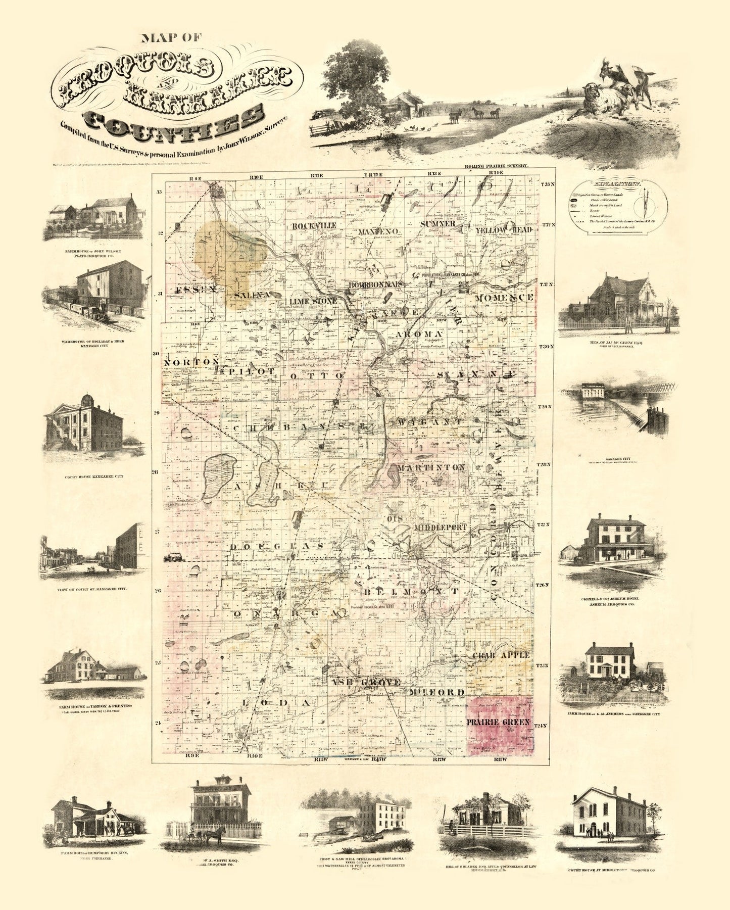 Vintage Map of Iroquois County, Illinois 1860