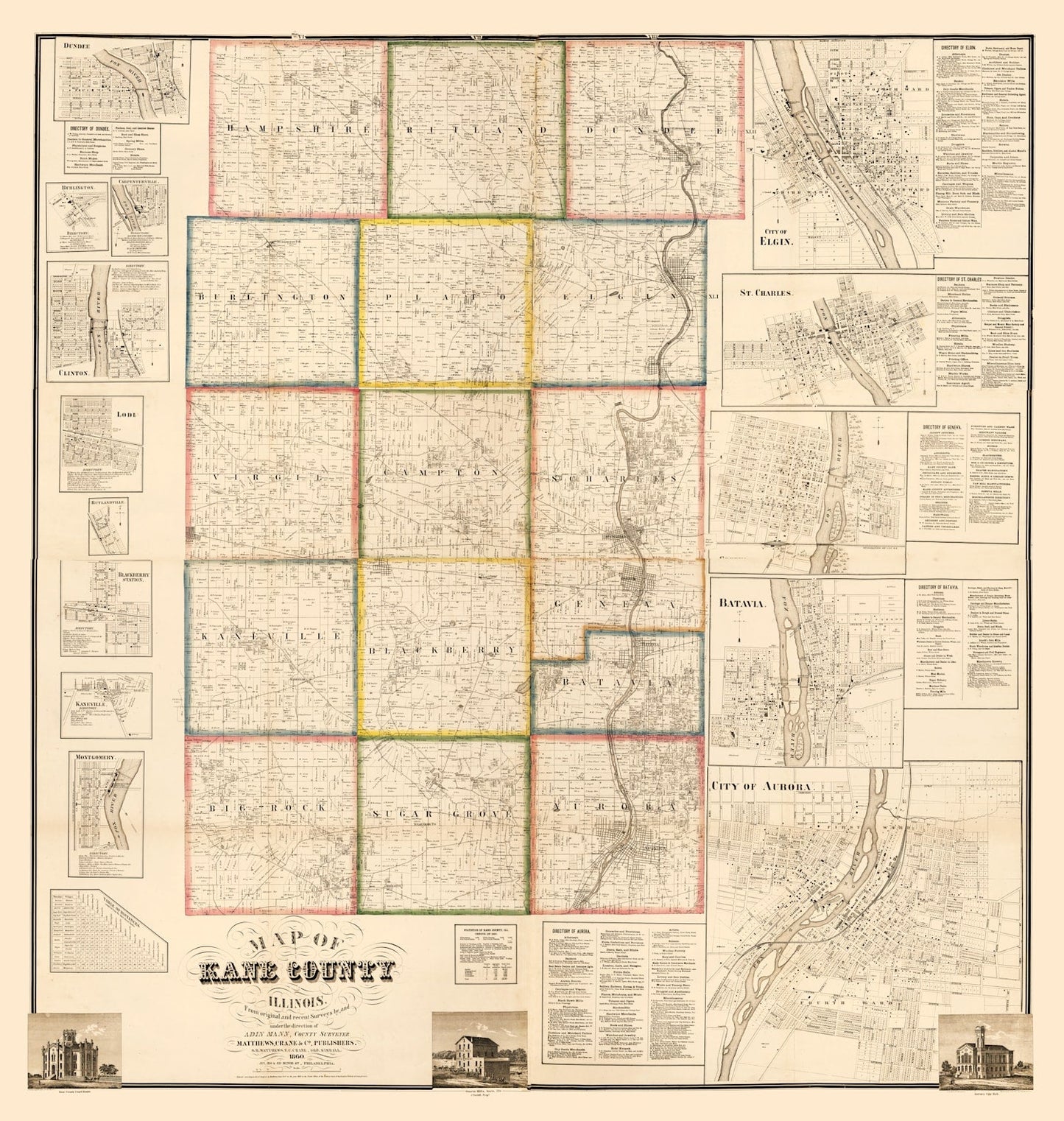 Vintage Map of Kane County, Illinois 1860