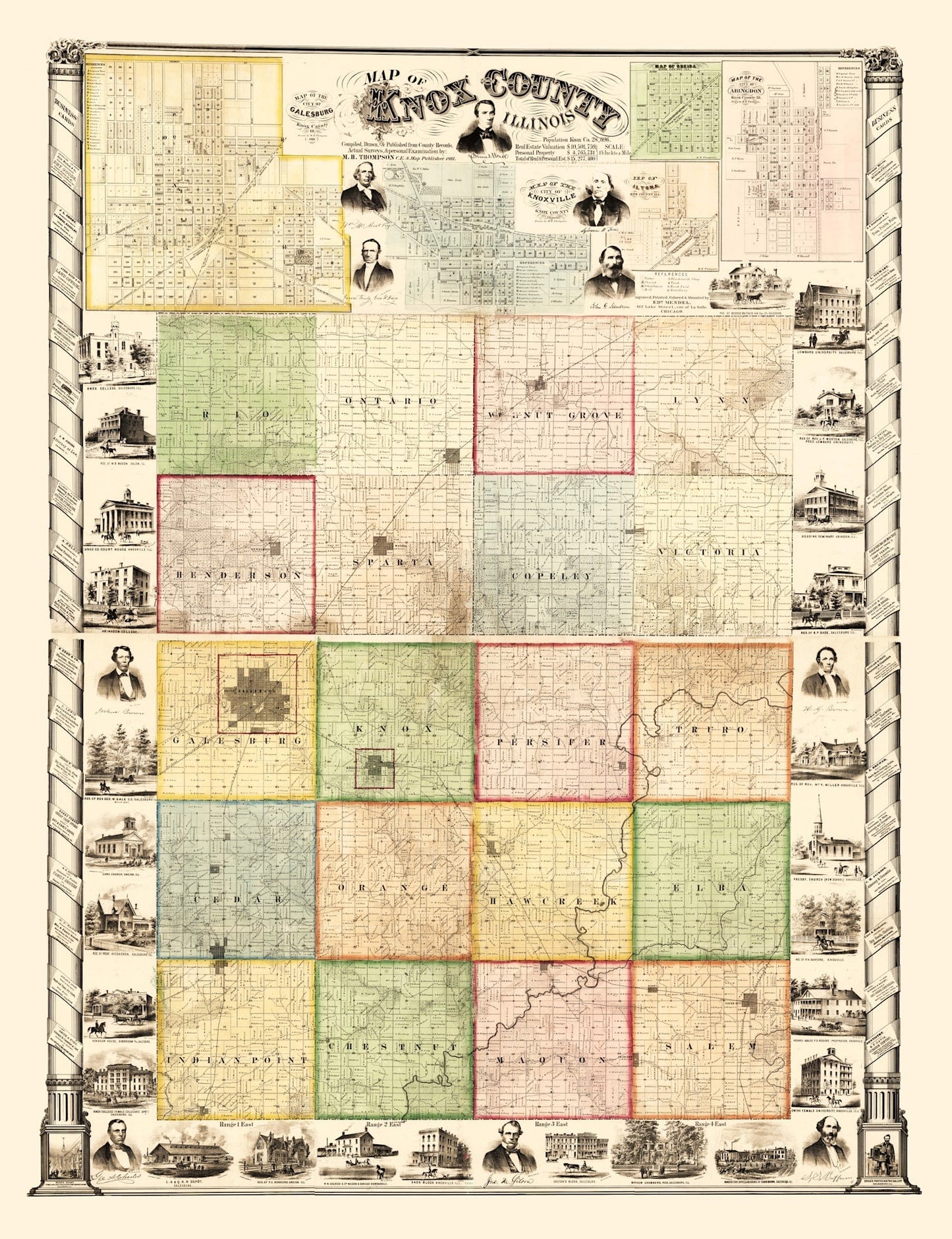 Vintage Map of Knox County, Illinois 1861