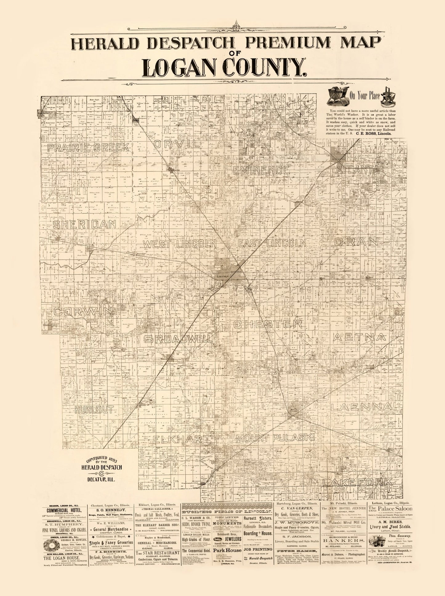 Vintage Map of Logan County, Illinois 1893