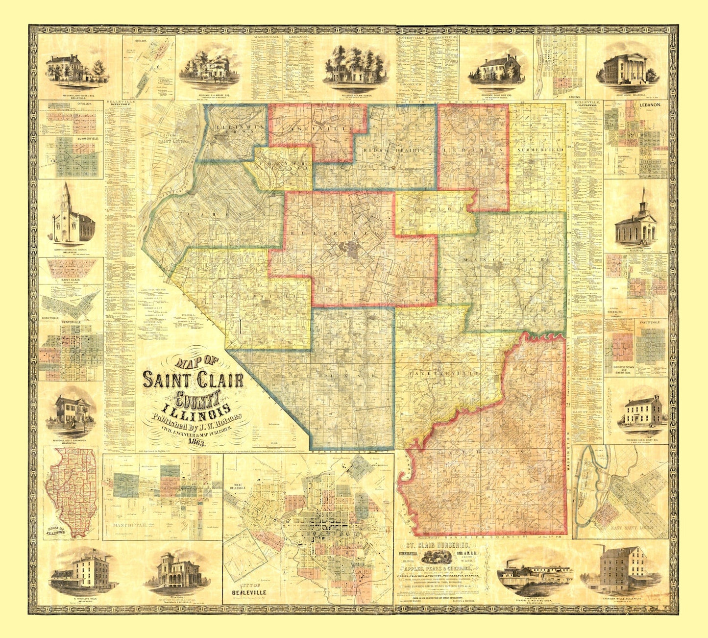 Vintage Map of Saint Clair County, Illinois 1863