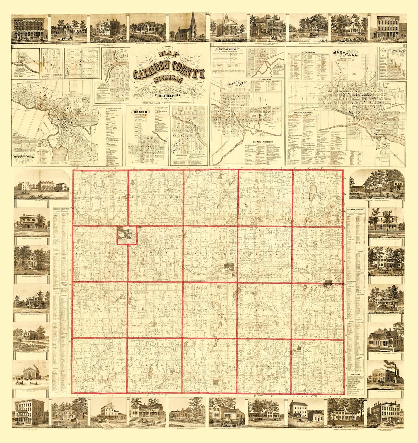 Vintage Map of Calhoun County, Michigan 1858