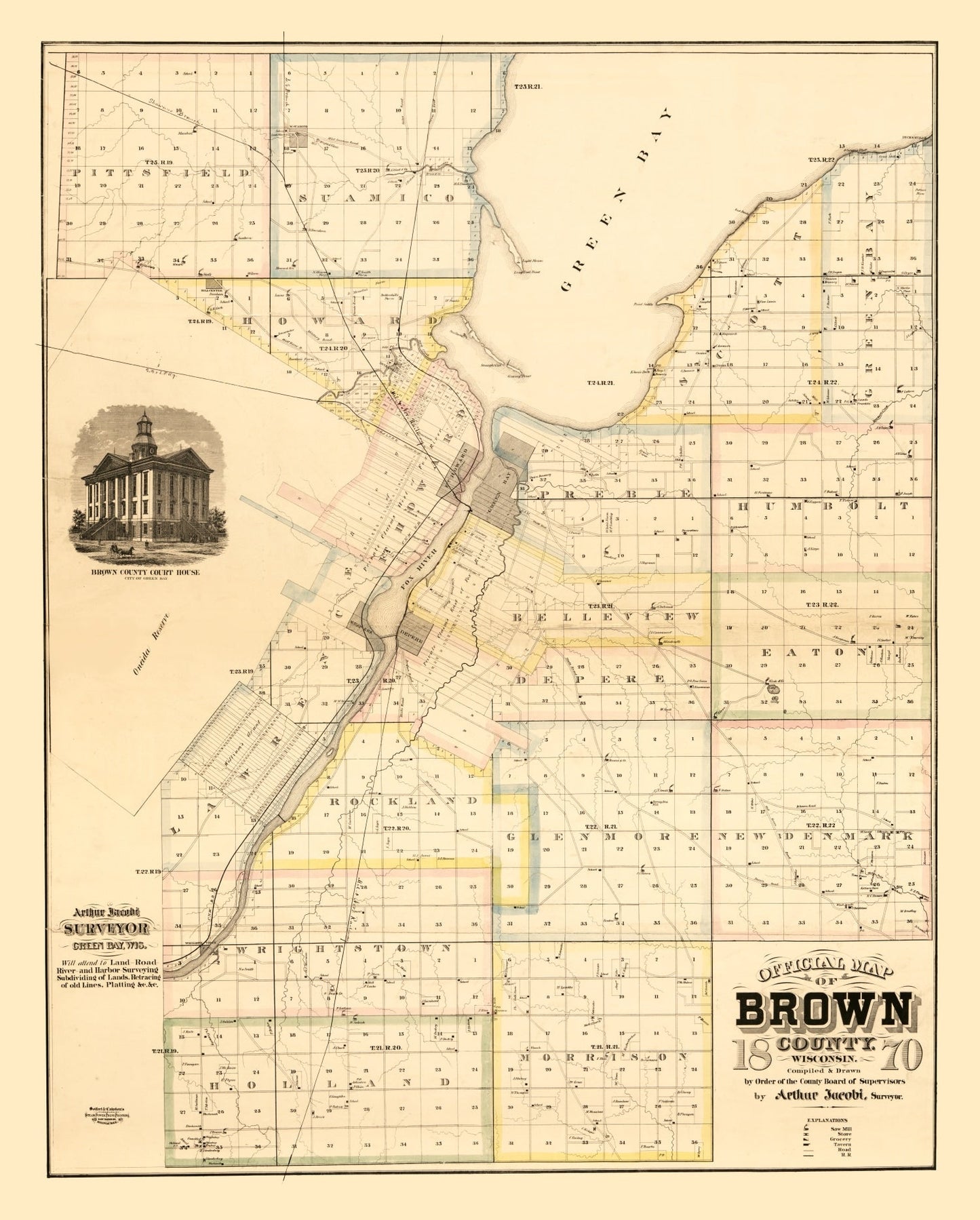 Vintage Map of Brown County, Wisconsin 1870