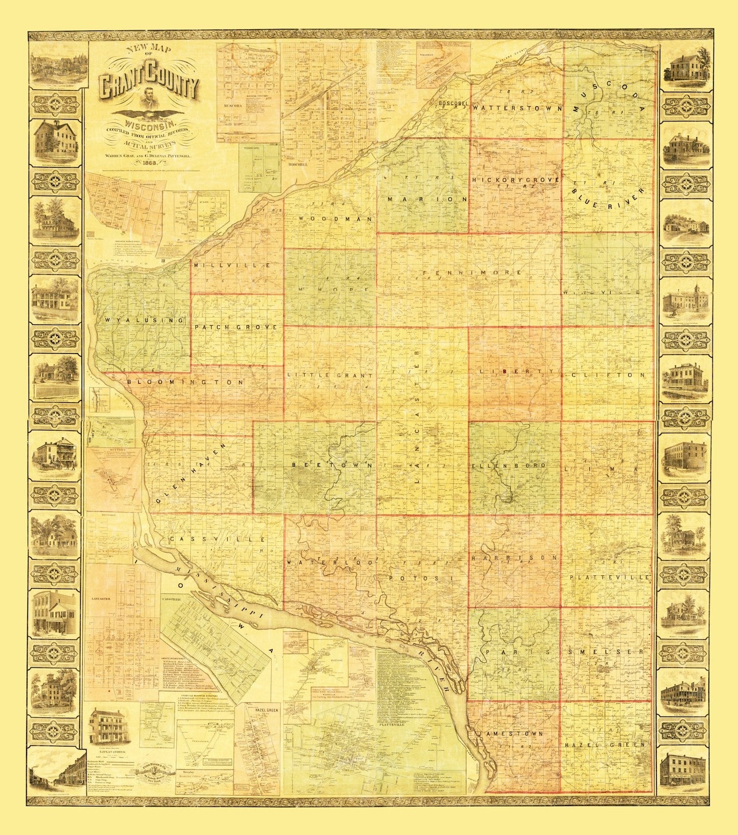 Vintage Map of Grant County, Wisconsin 1868