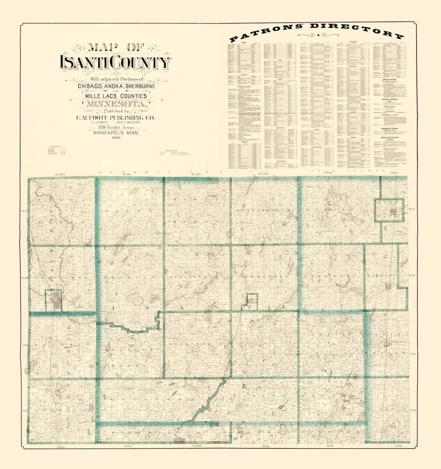Vintage Map of Isanti County, Minnesota 1898