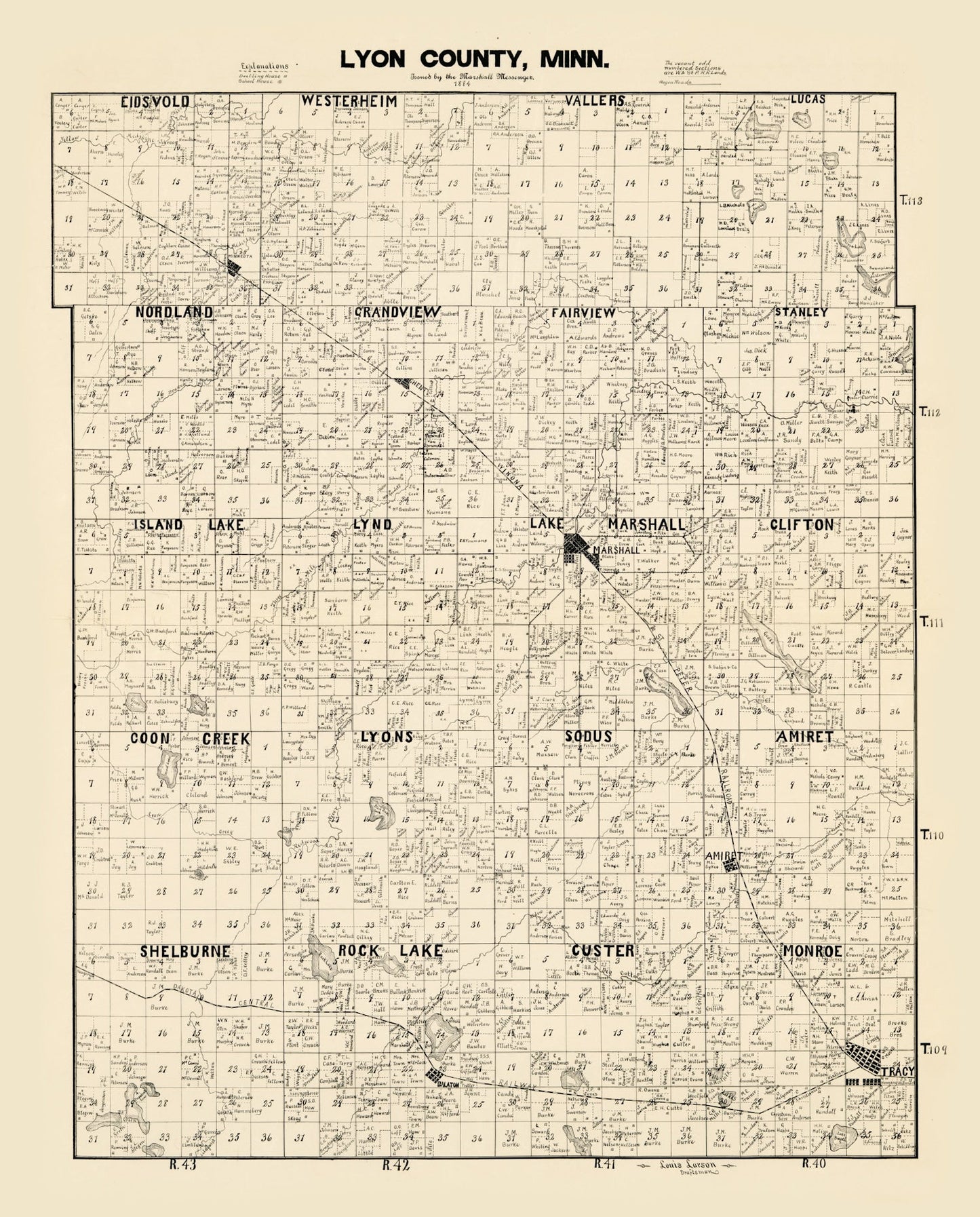Vintage Map of Lyon County, Minnesota 1884