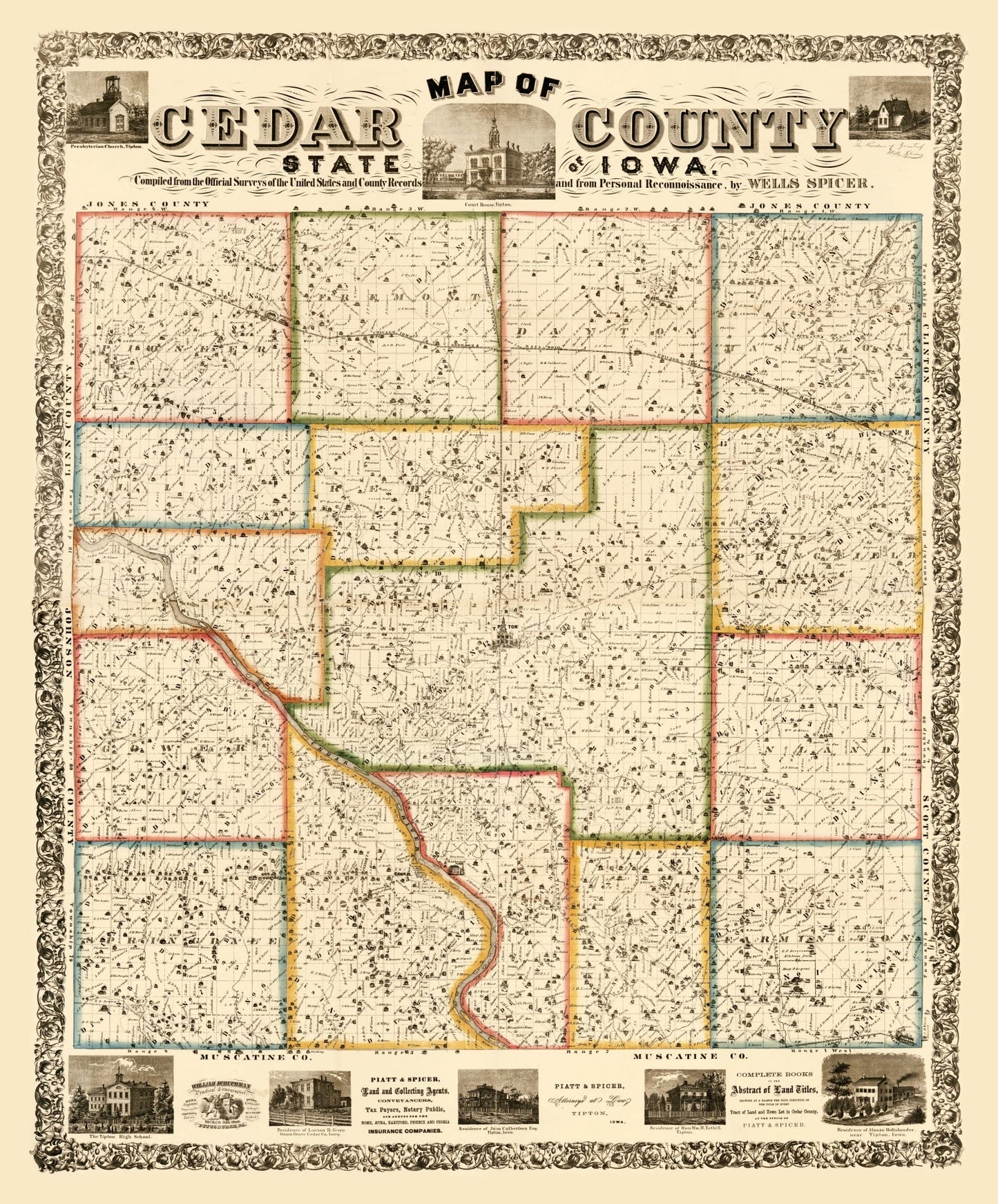 Vintage Map of Cedar County, Iowa 1863