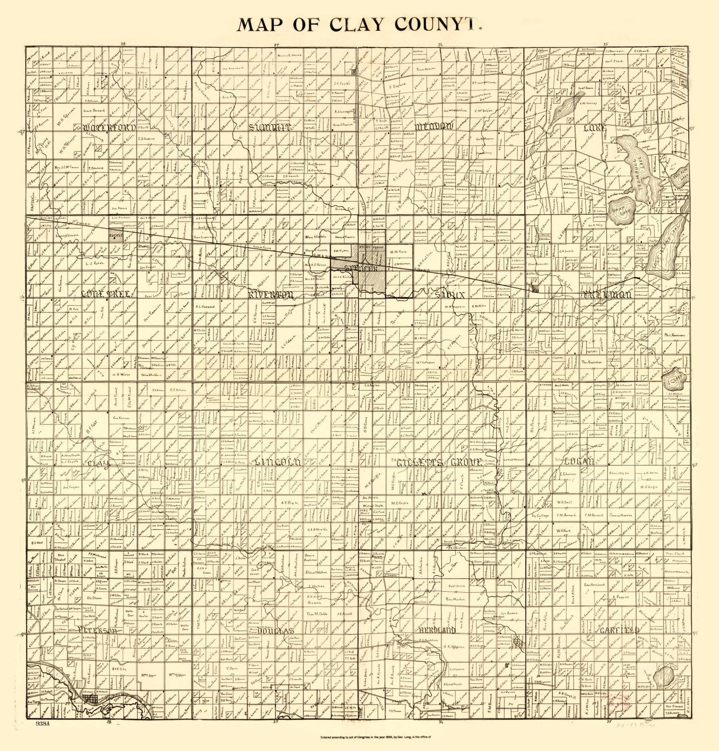 Vintage Map of Clay County, Iowa 1896