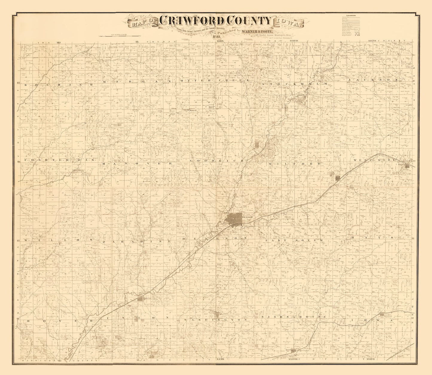 Vintage Map of Crawford County, Iowa 1883