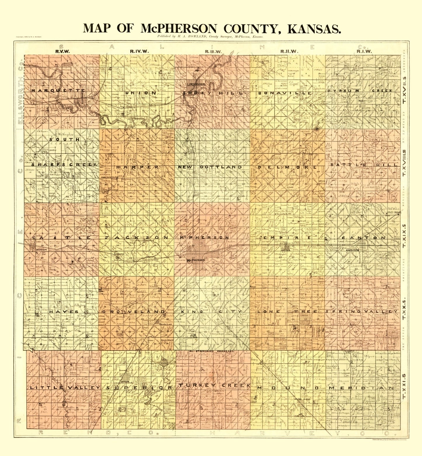 Vintage Map of McPherson County, Kansas 1898