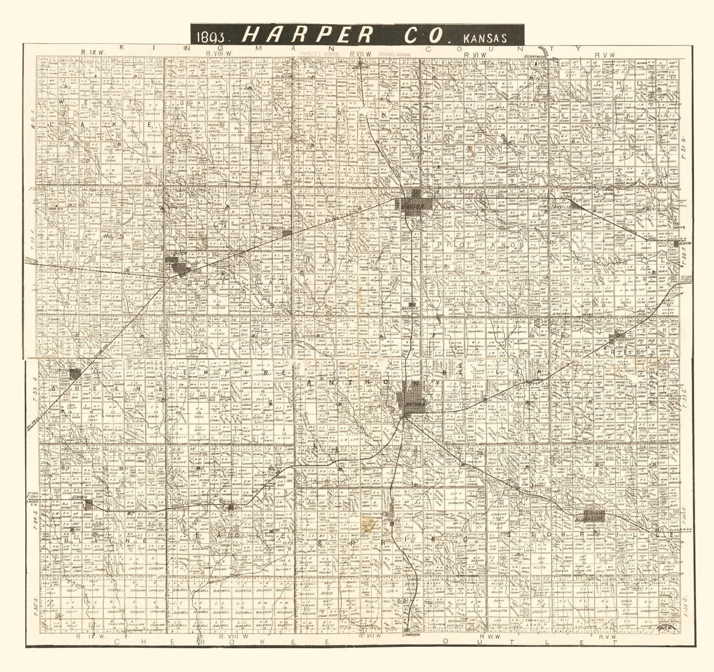 Vintage Map of Harper County, Kansas 1893