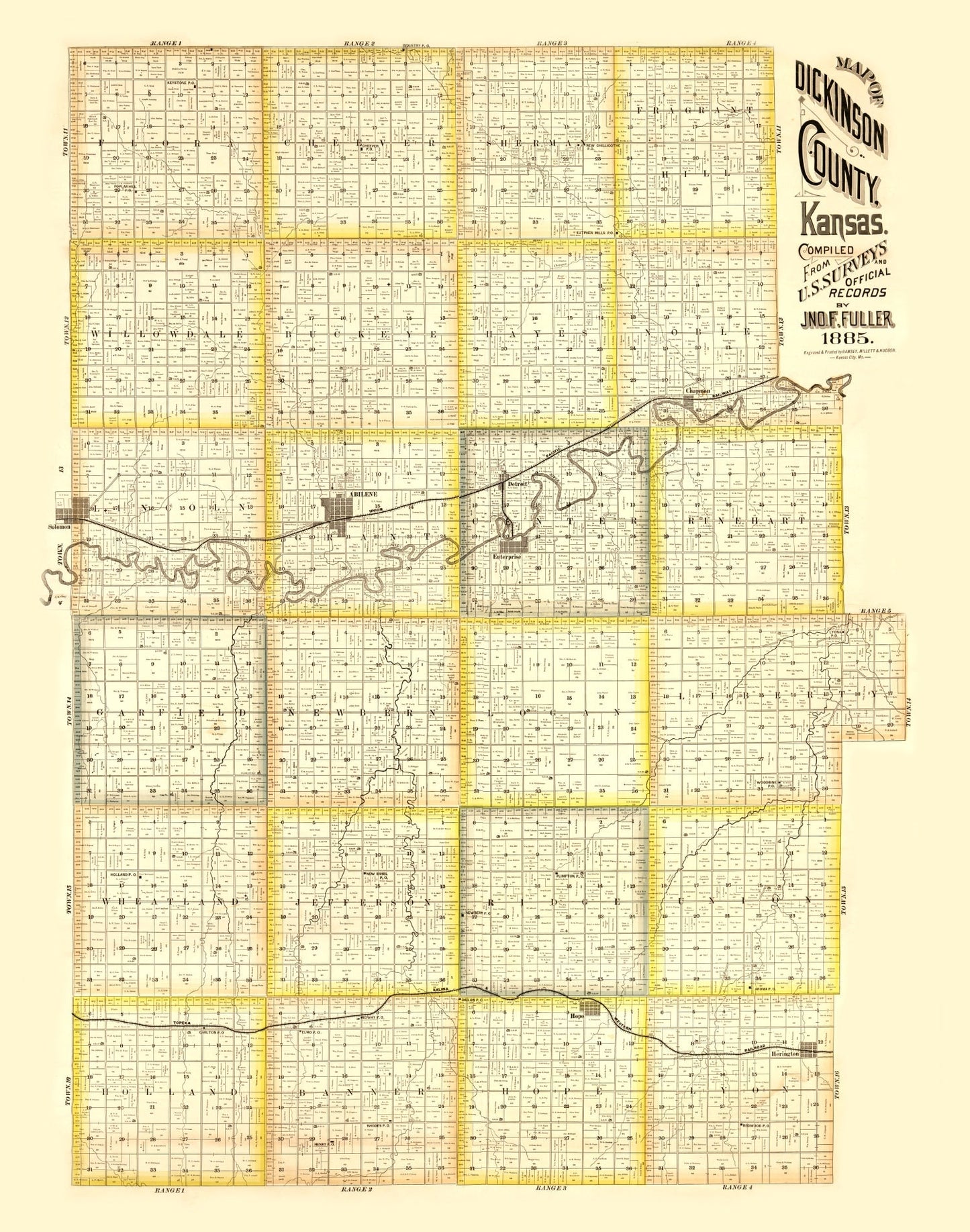Vintage Map of Dickinson County, Kansas 1885