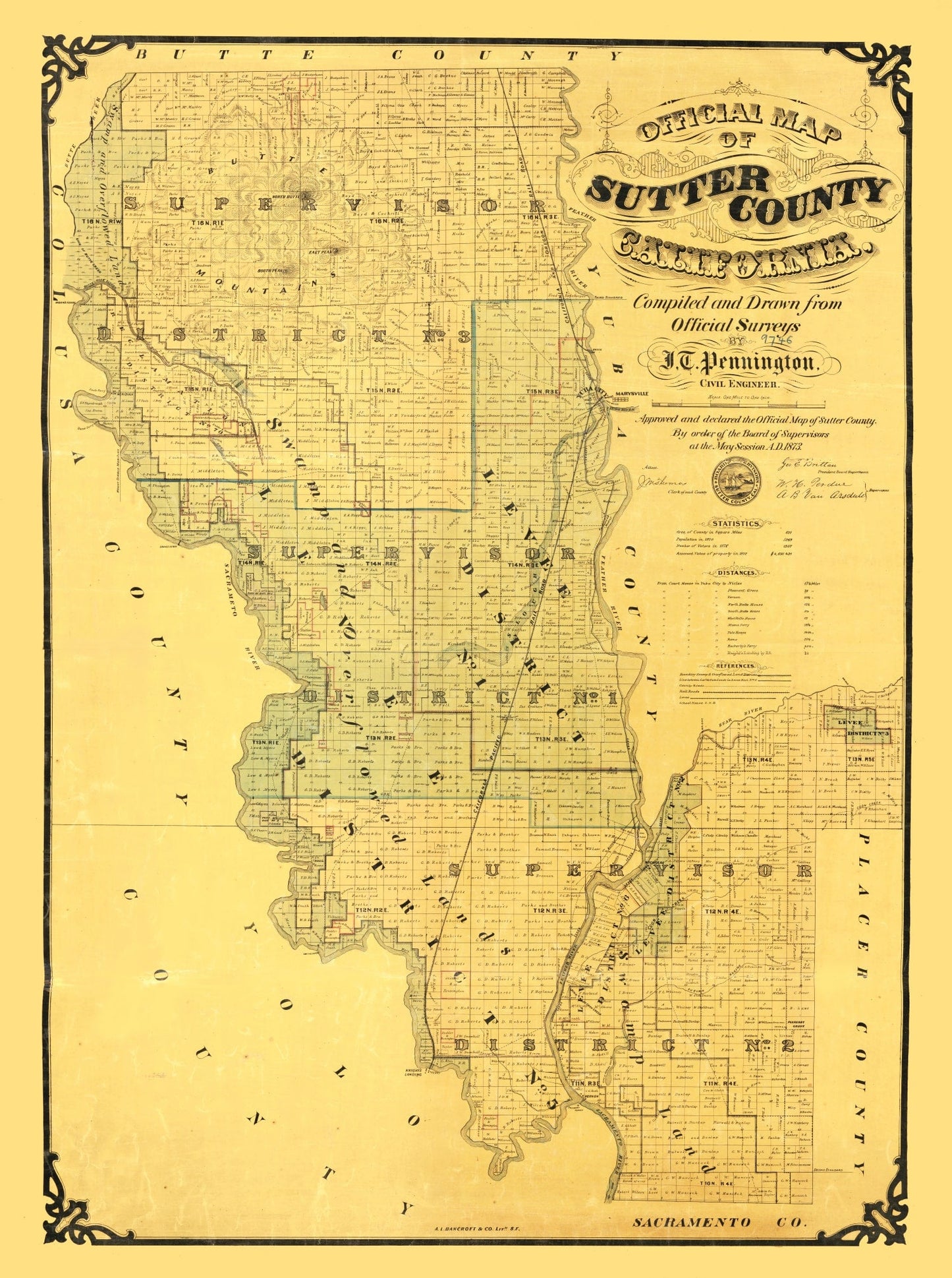 Vintage Map of Sutter County, California 1873