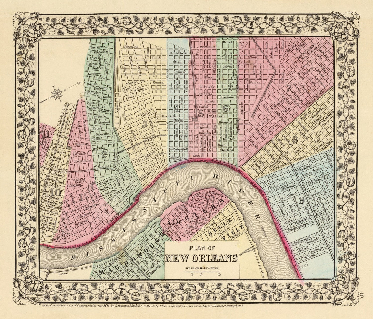 Vintage Map of New Orleans, Louisiana 1870