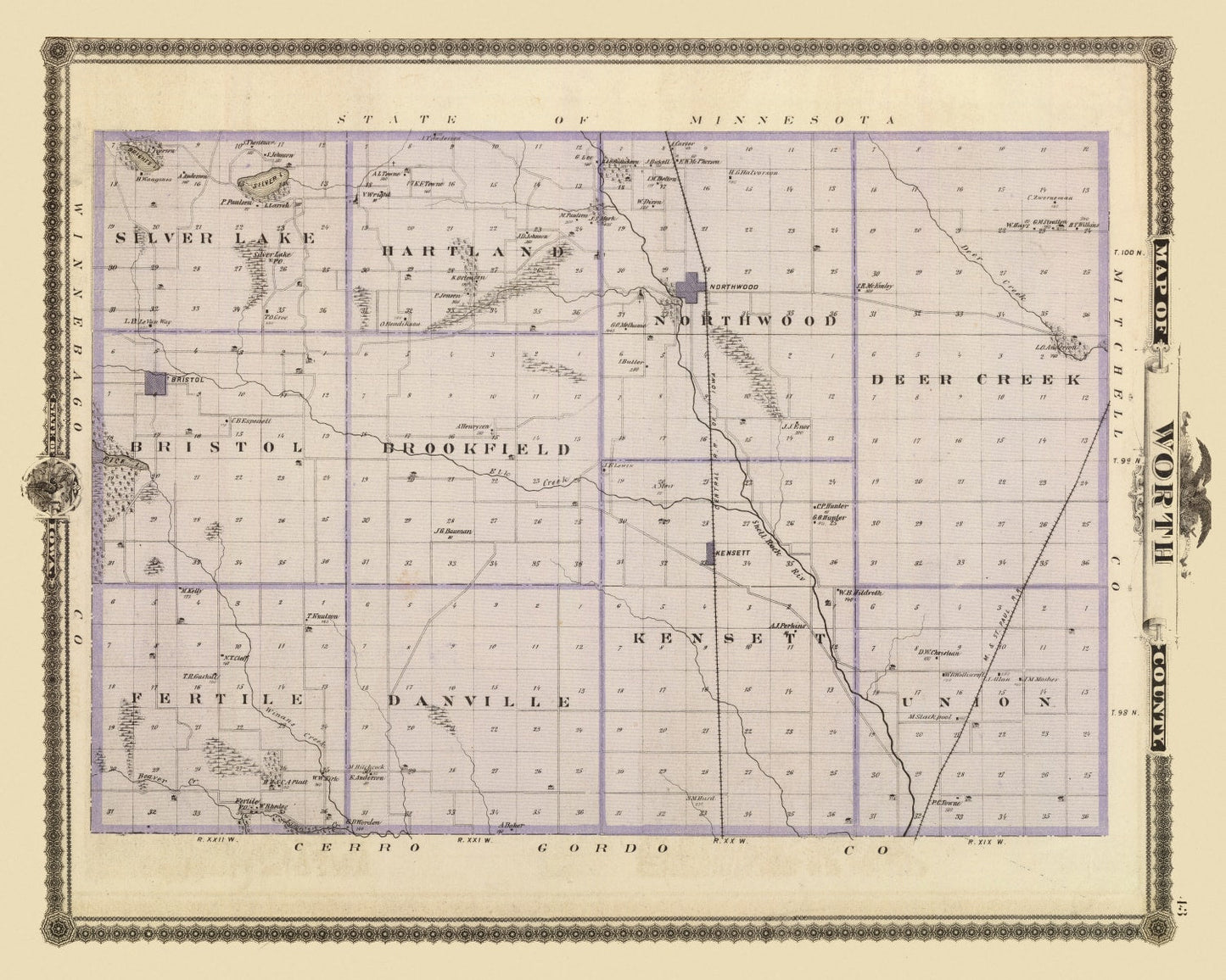 Vintage Map of Worth County, Iowa 1875