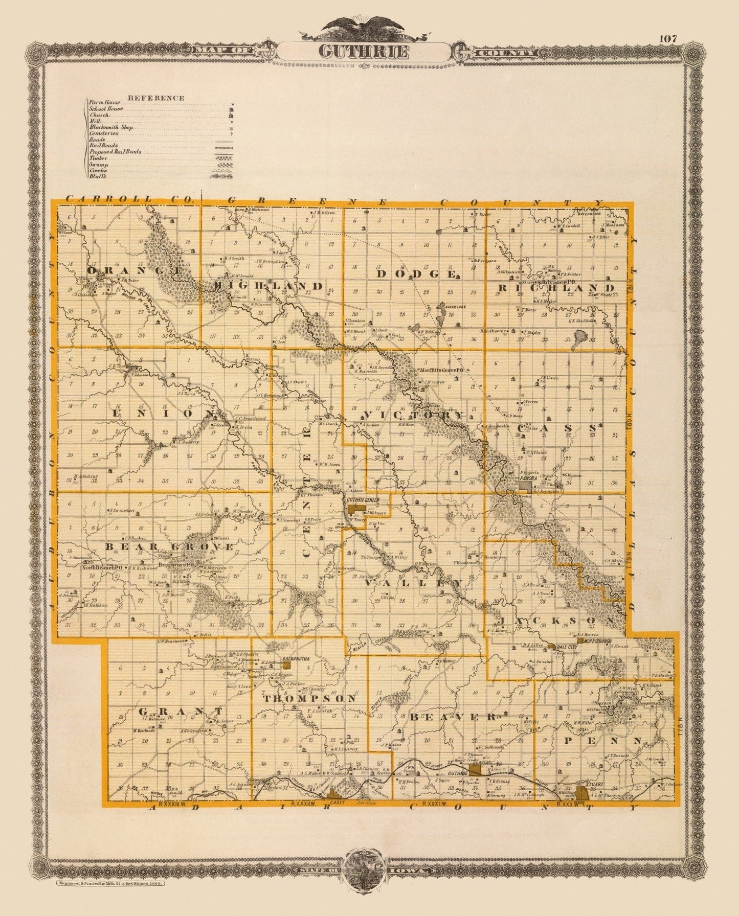 Vintage Map of Guthrie County, Iowa 1875