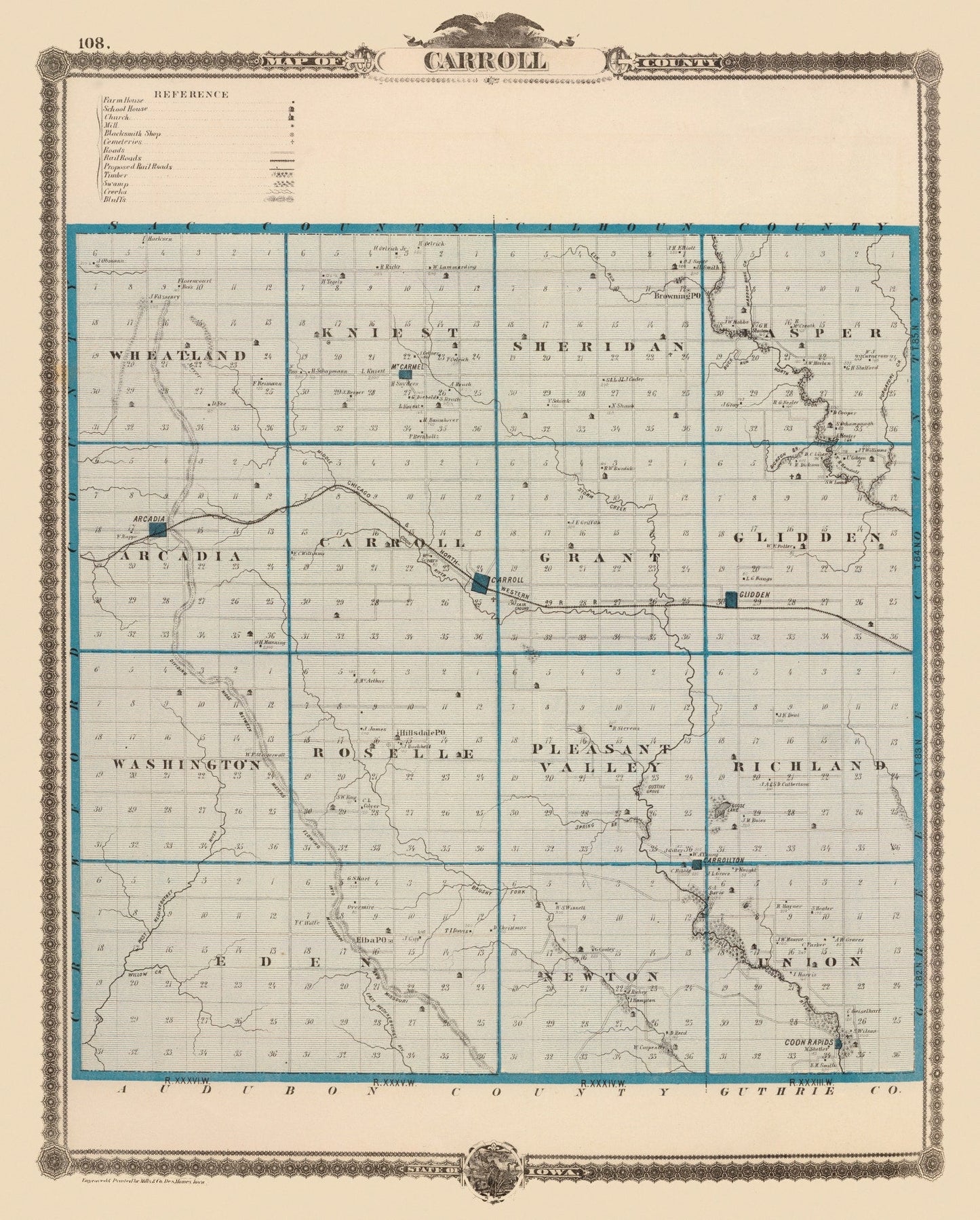 Vintage Map of Carroll County, Iowa 1875