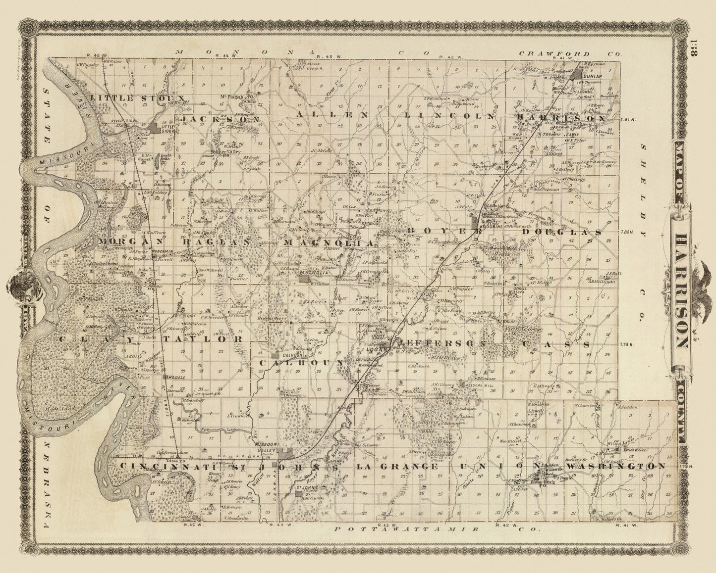 Vintage Map of Harrison County, Iowa 1875