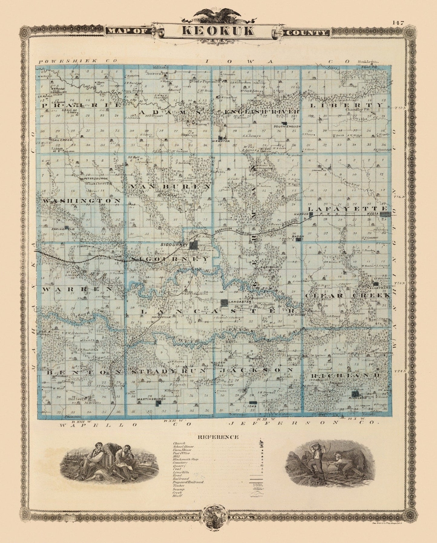 Vintage Map of Keokuk County, Iowa 1875