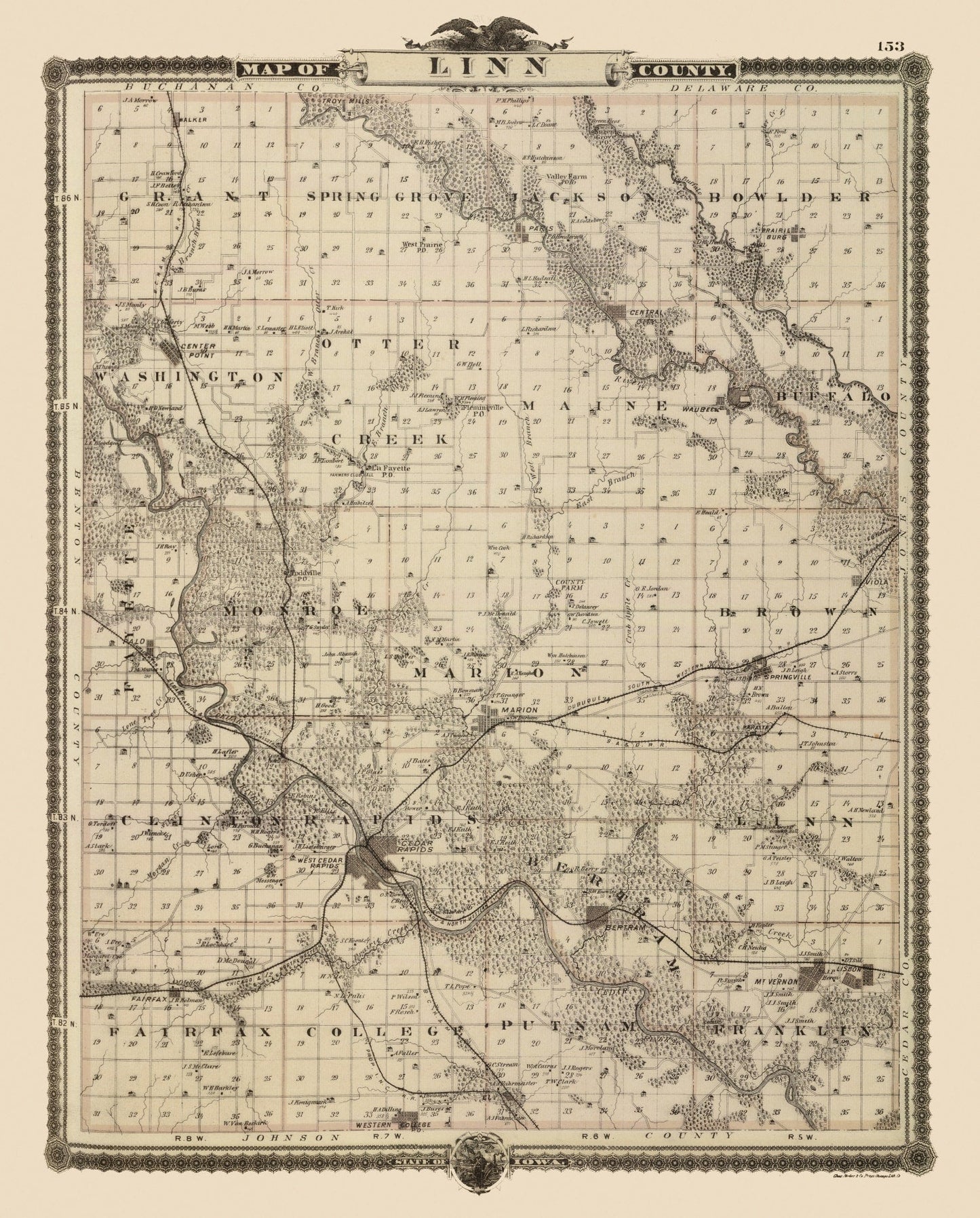 Vintage Map of Linn County, Iowa 1875