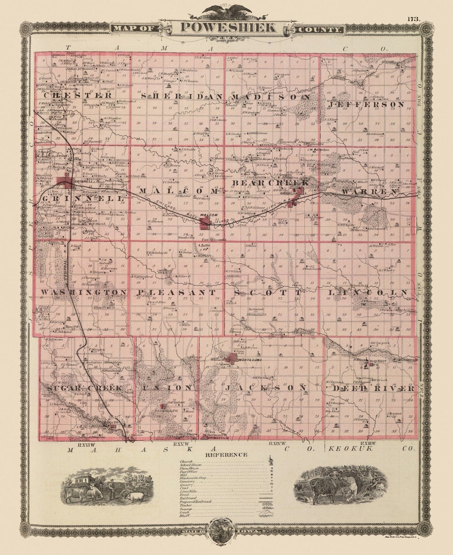 Vintage Map of Poweshiek County, Iowa 1875