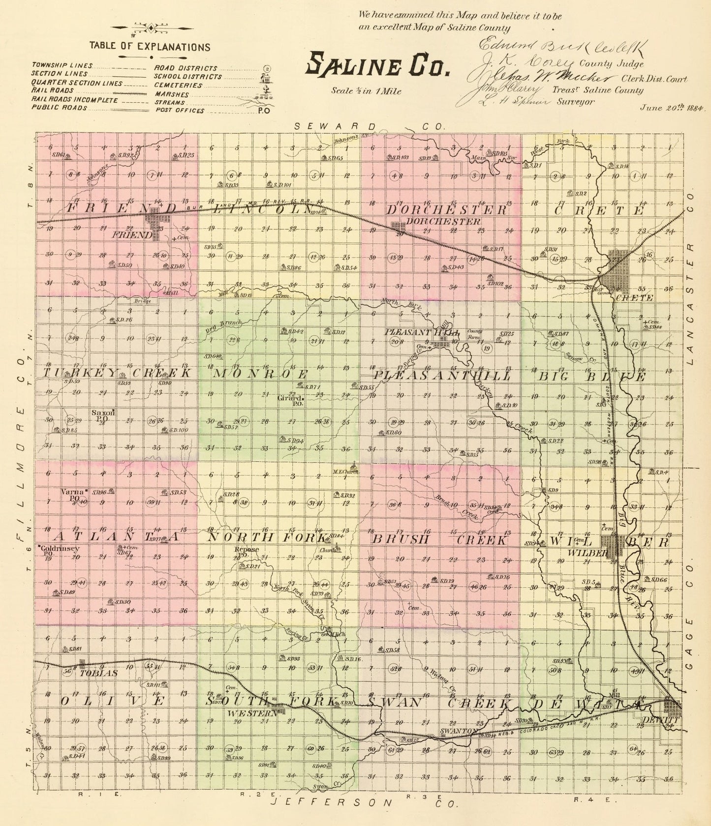 Vintage Map of Saline County, Nebraska 1885