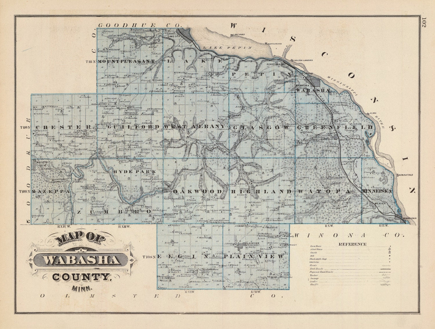 Vintage Map of Wabasha County, Minnesota 1874