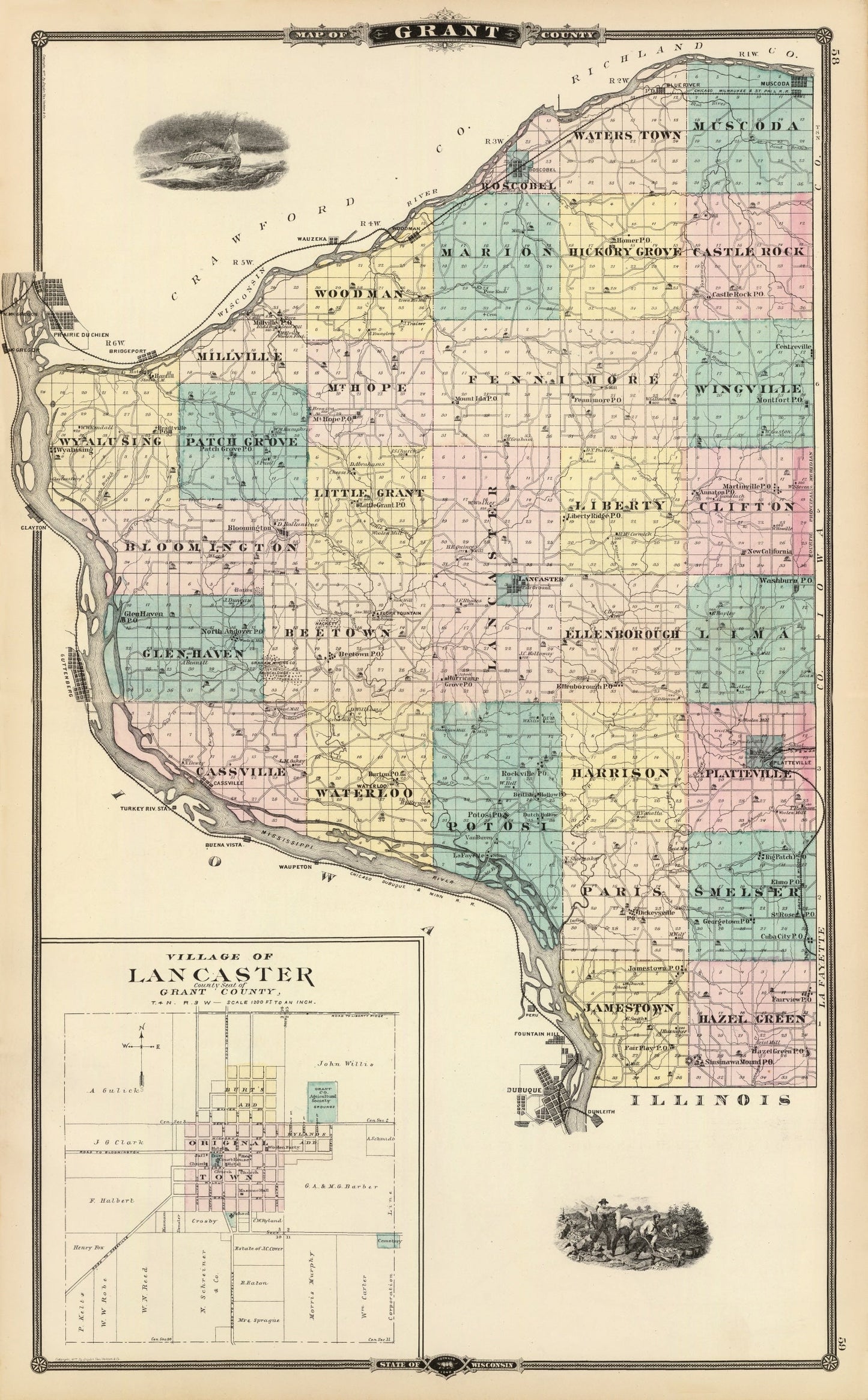 Vintage Map of Grant County, Wisconsin 1878