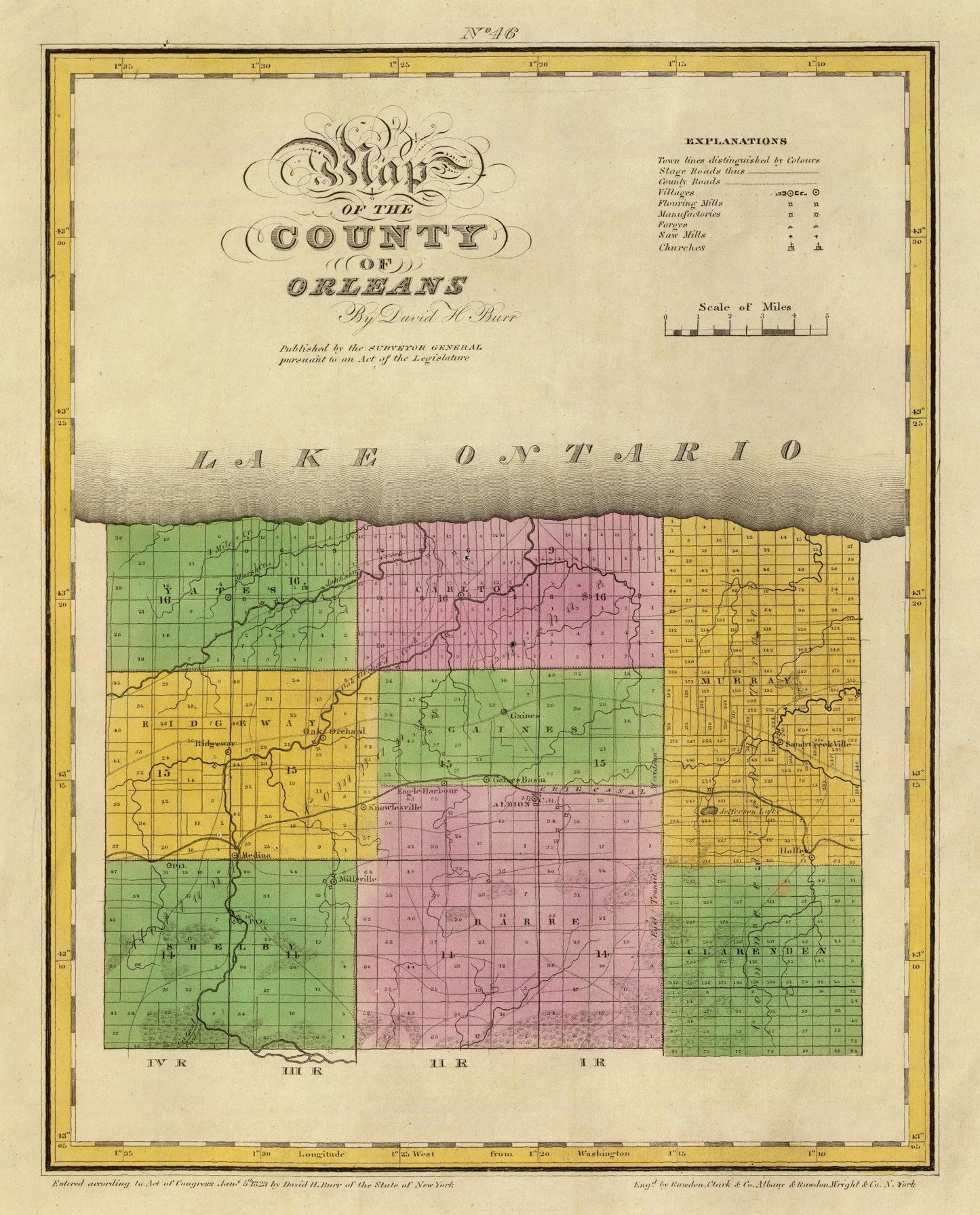 Vintage Map of Orleans County, New York 1829