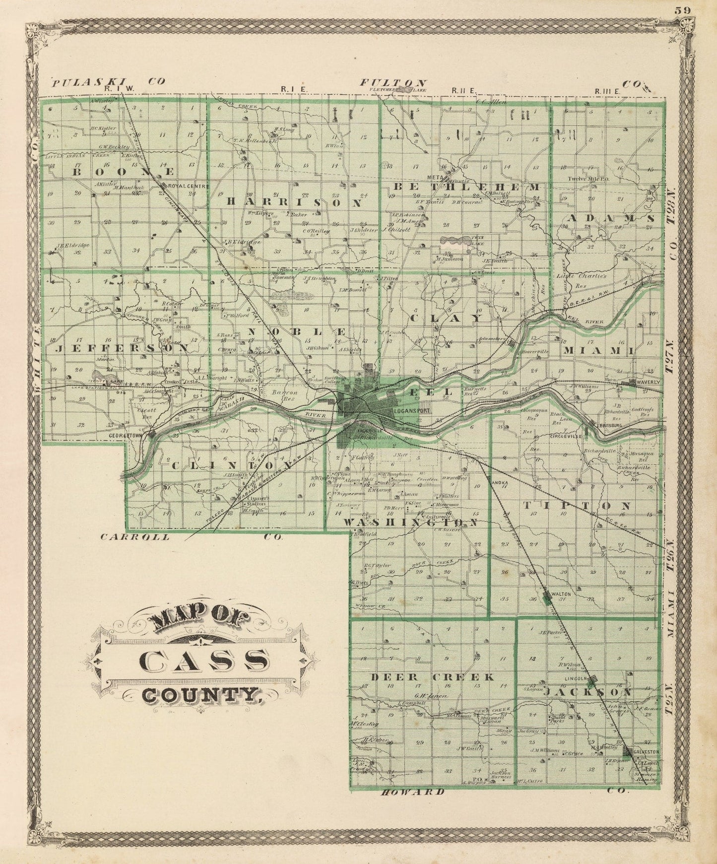 Vintage Map of Cass County, Indiana 1876