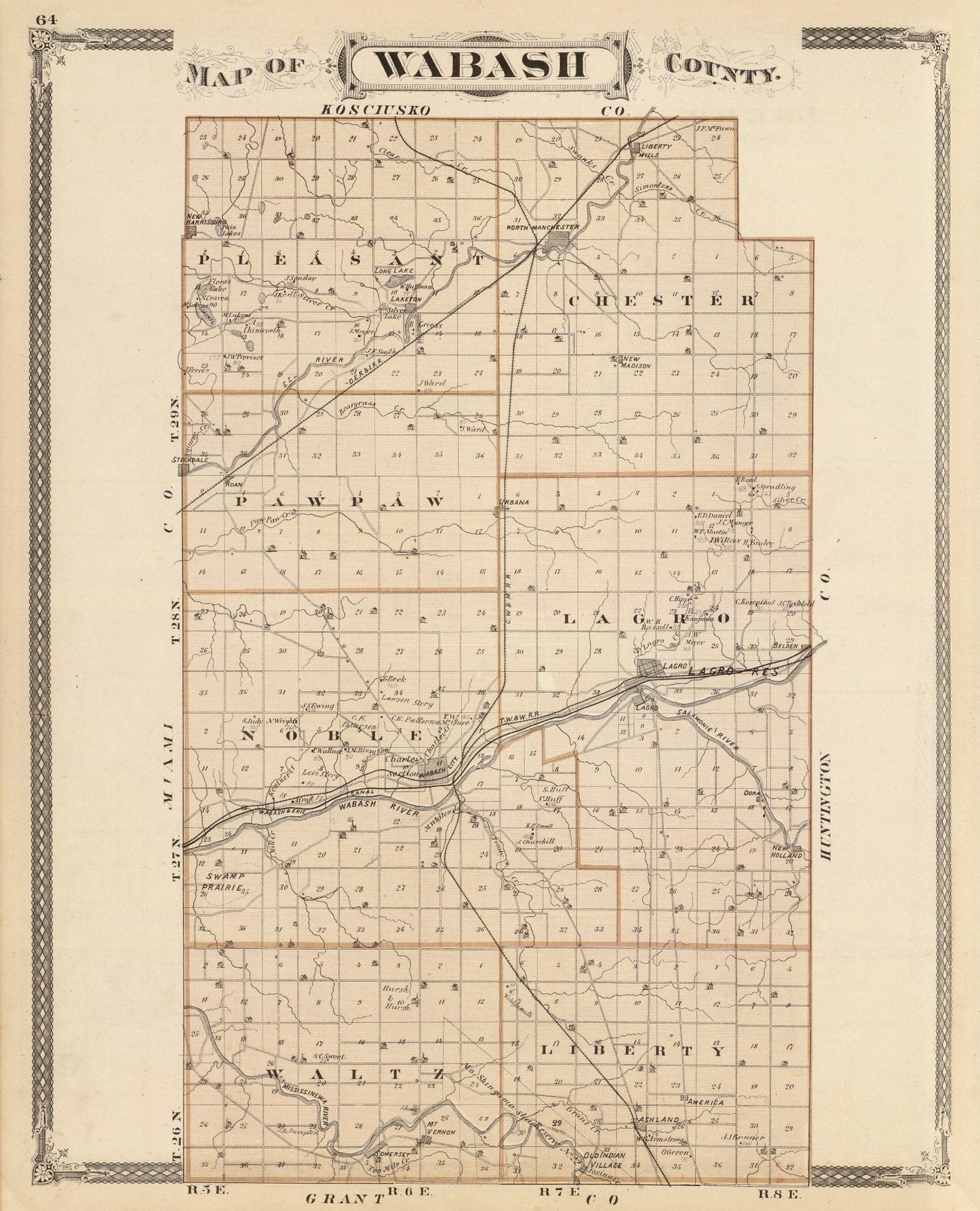 Vintage Map of Wabash County, Indiana 1876