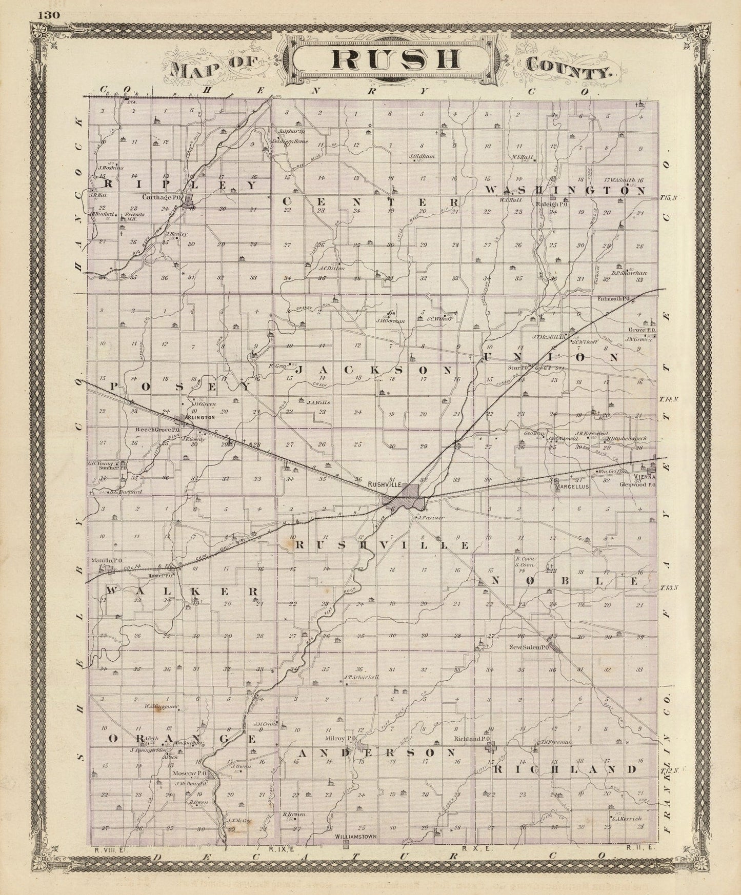 Vintage Map of Rush County, Indiana 1876