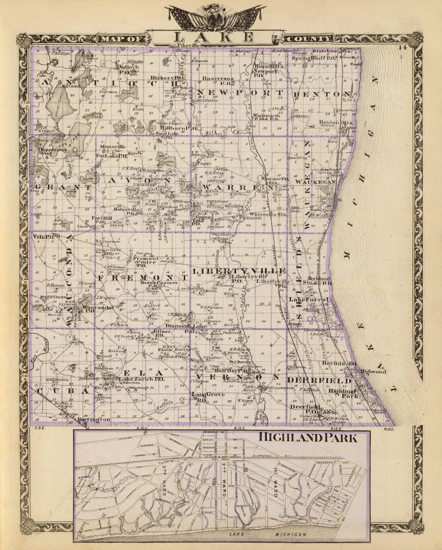 Vintage Map of Lake County, Illinois 1876