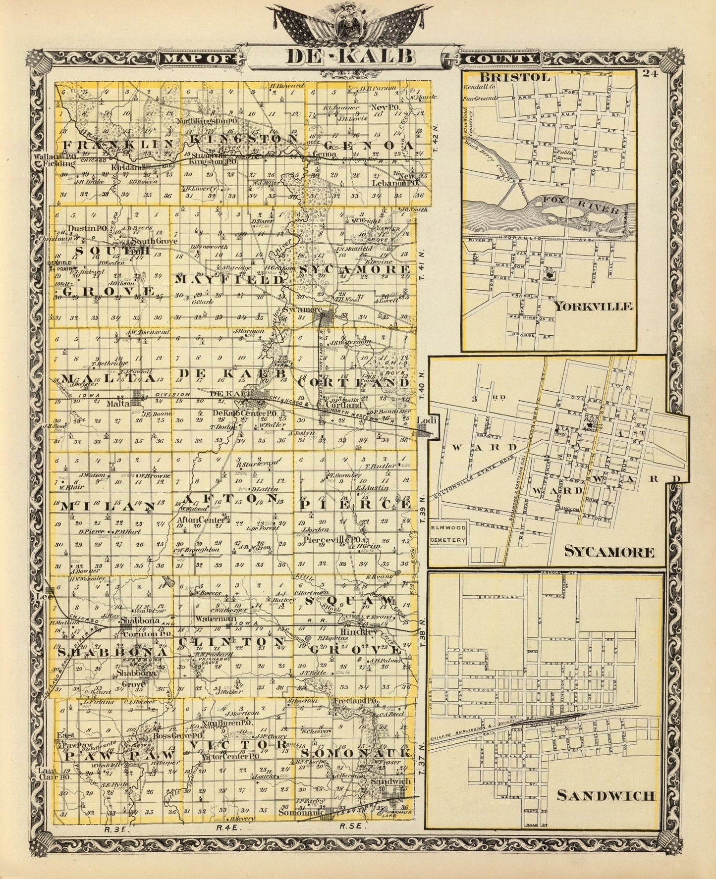 Vintage Map of Dekalb County, Illinois 1876
